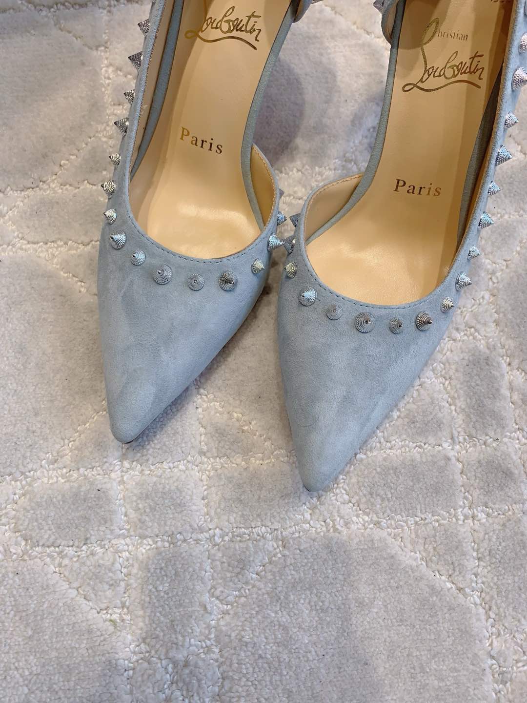 CL  Irishell 85 Studded d'Orsay Pumps Light Sky Blue Suede 177128