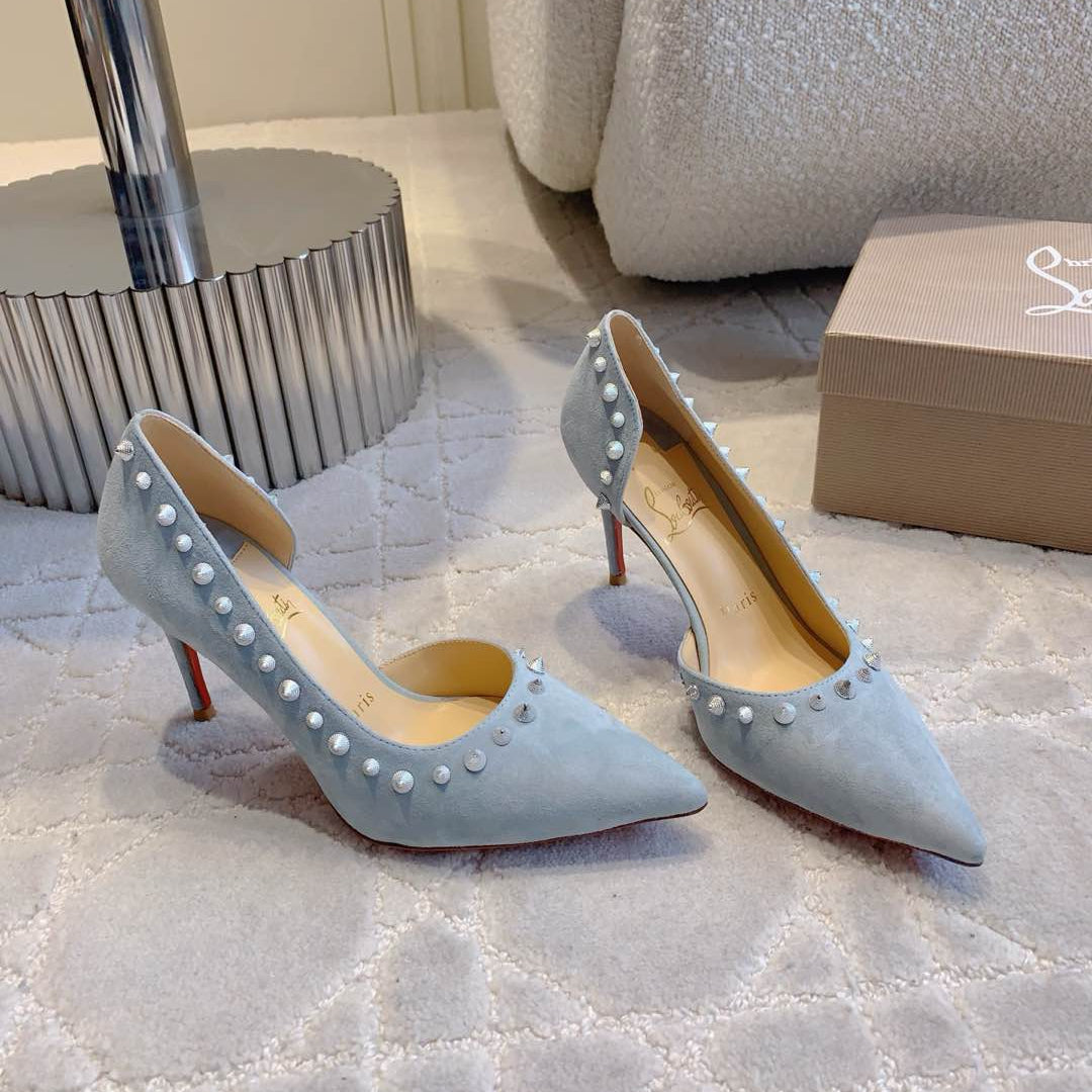 CL  Irishell 85 Studded d'Orsay Pumps Light Sky Blue Suede 177128