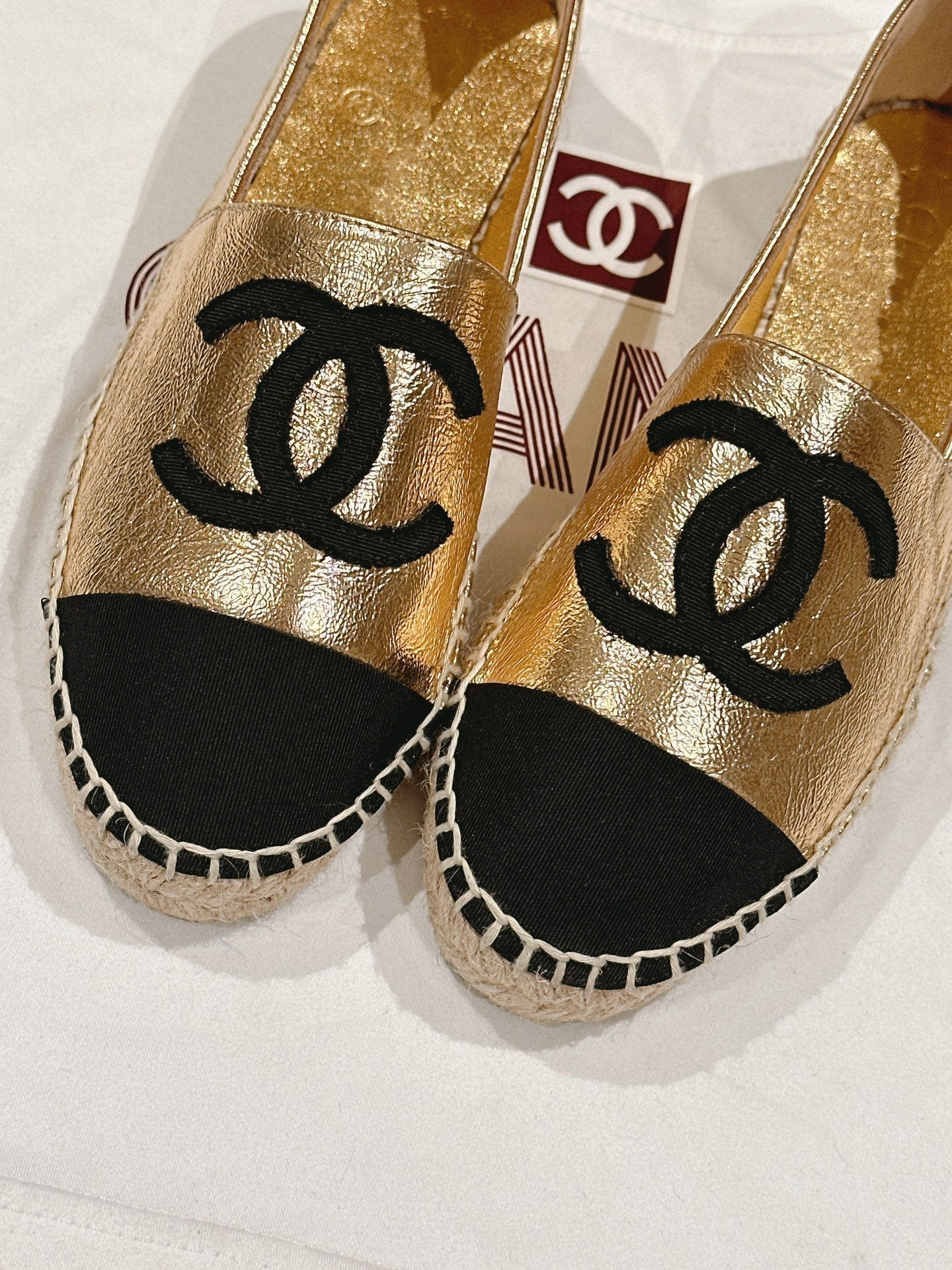 espadrilles gold metalic calfskin black canvas