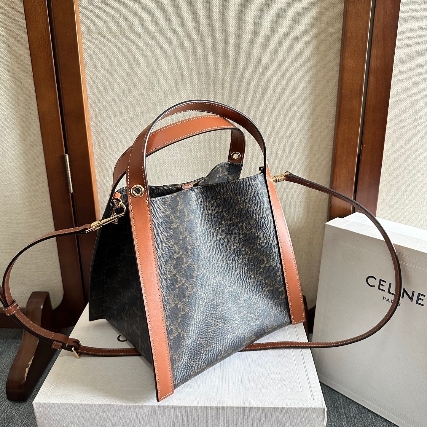 Celine 2025 Cube Bag 21cm Black Tan Canvas Calfskin 276297