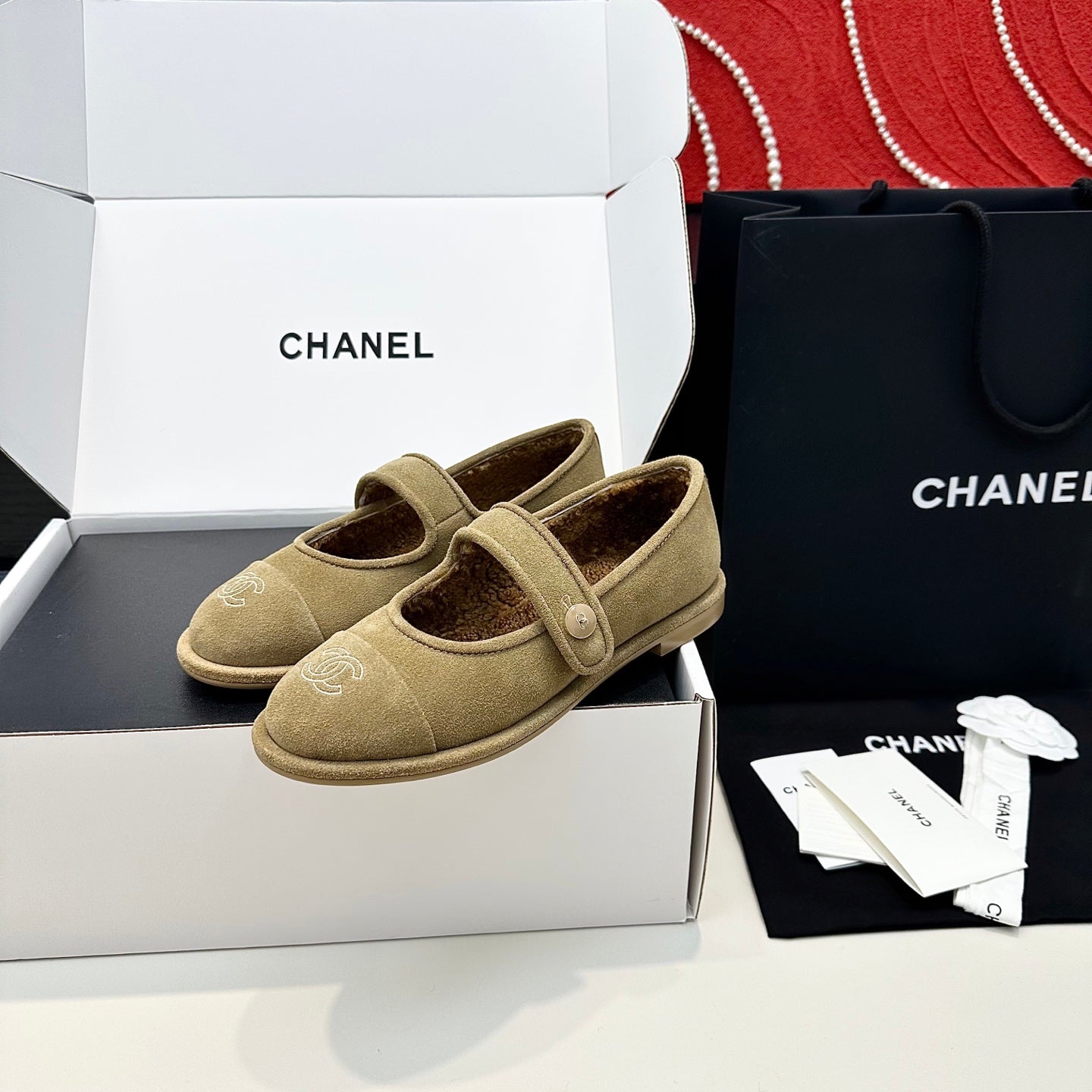 Chanel 25 Mary Jane Ballet Flat Solf Beige Wool Fur 413025