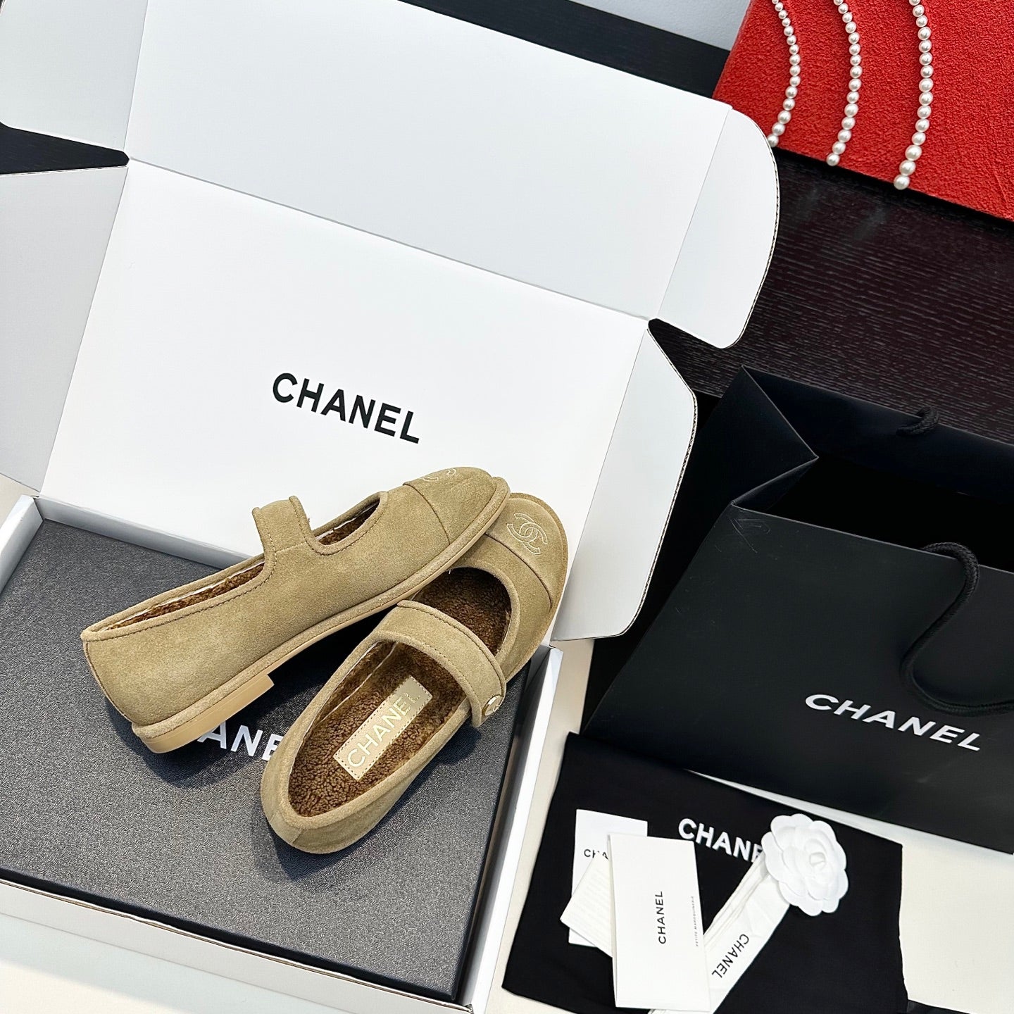 Chanel 25 Mary Jane Ballet Flat Solf Beige Wool Fur 413025