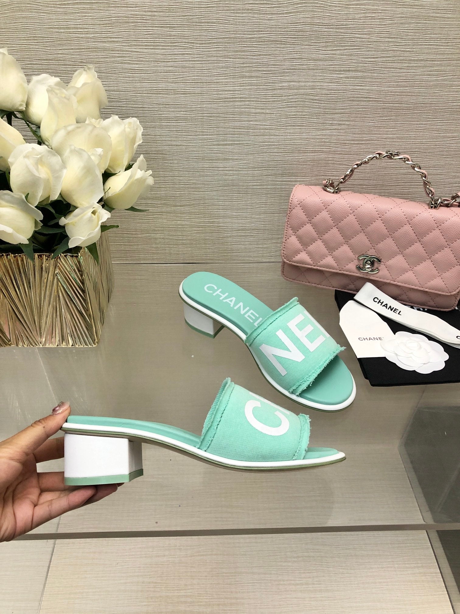 CC 25C Mid Heel Mule Turquoise Fabric Material 212957