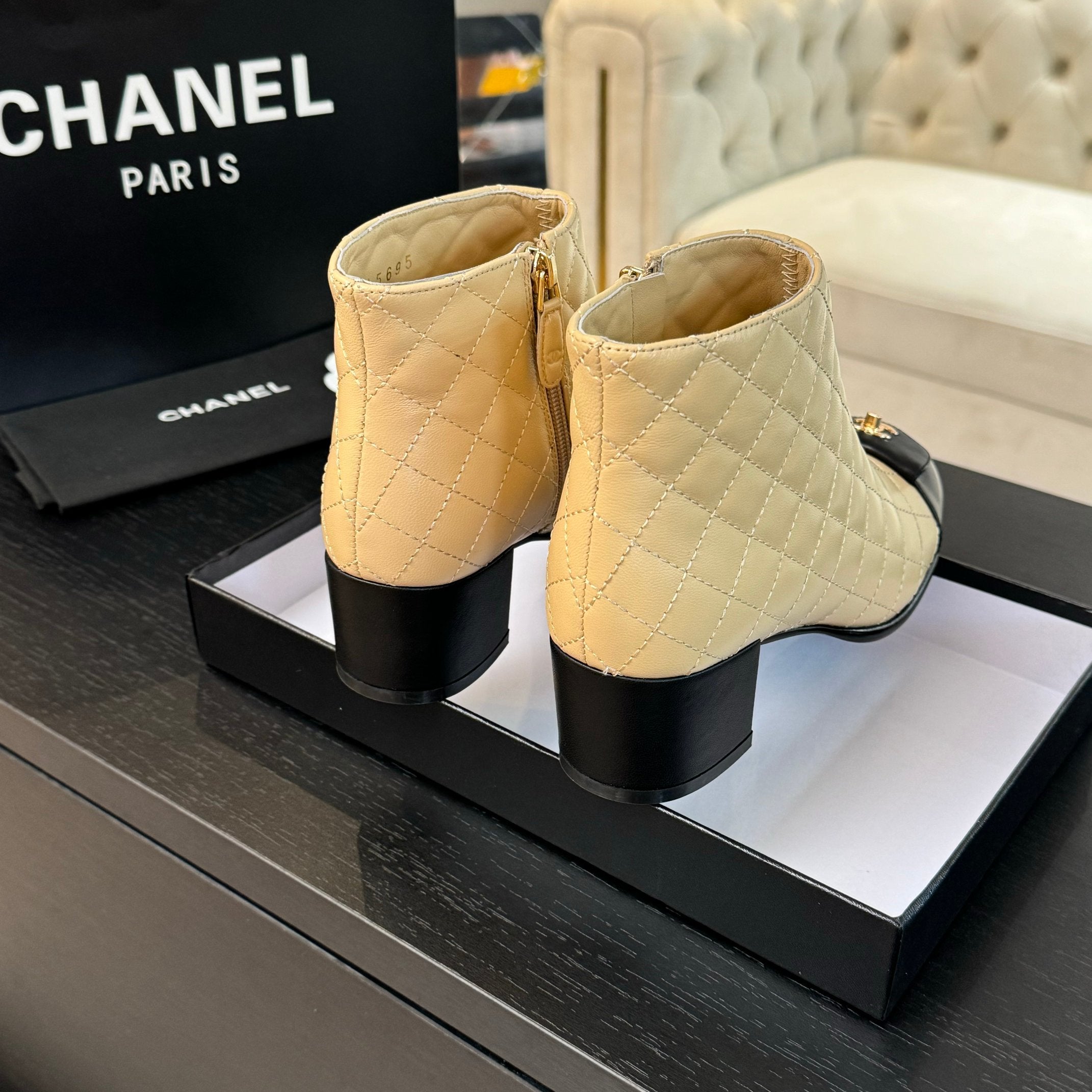 CC Ankle Boots 50mm Beige Black Quilted Lambskin