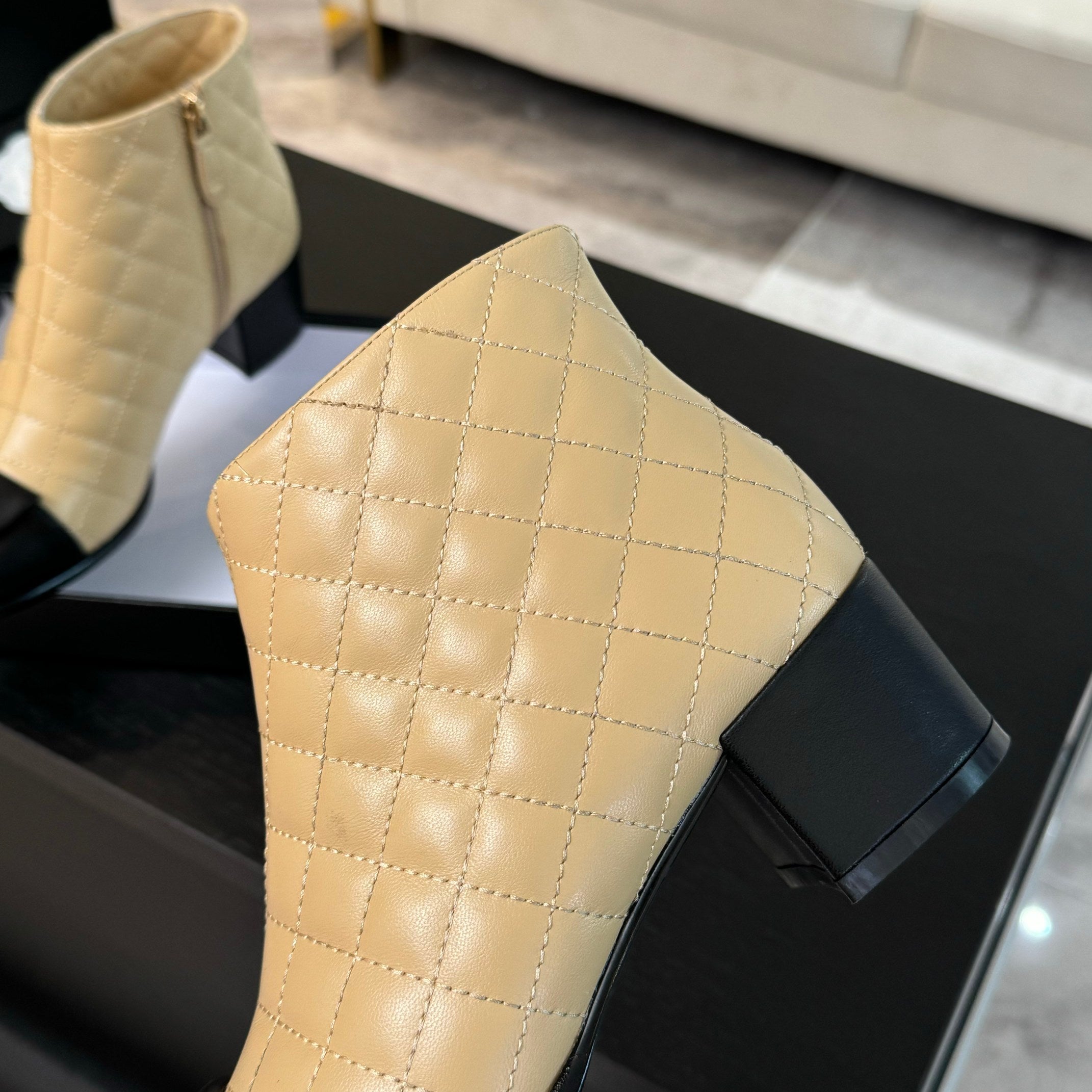 CC Ankle Boots 50mm Beige Black Quilted Lambskin