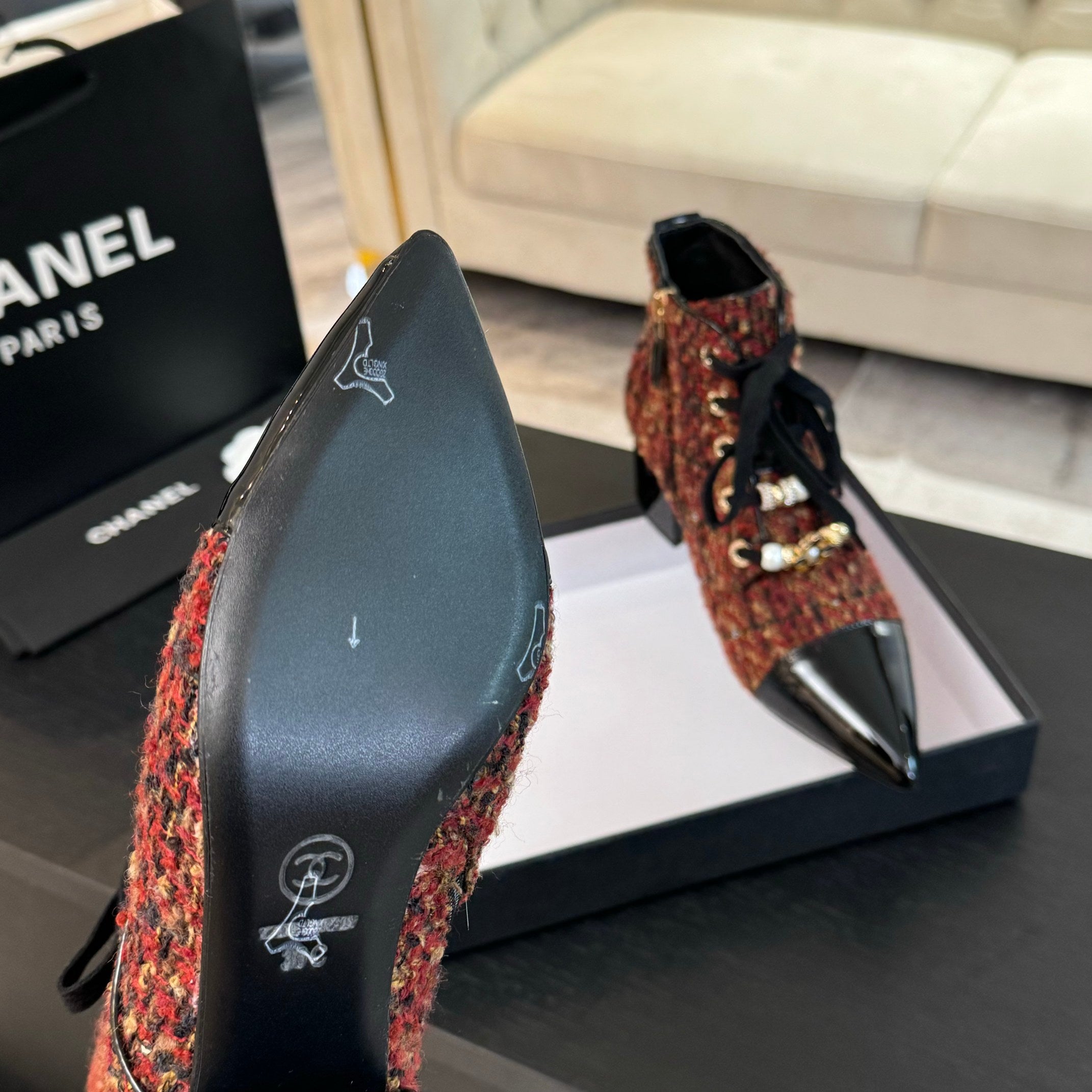 CC Ankle Boots Orange Red Beaded Tweed Fabric And Lambskin