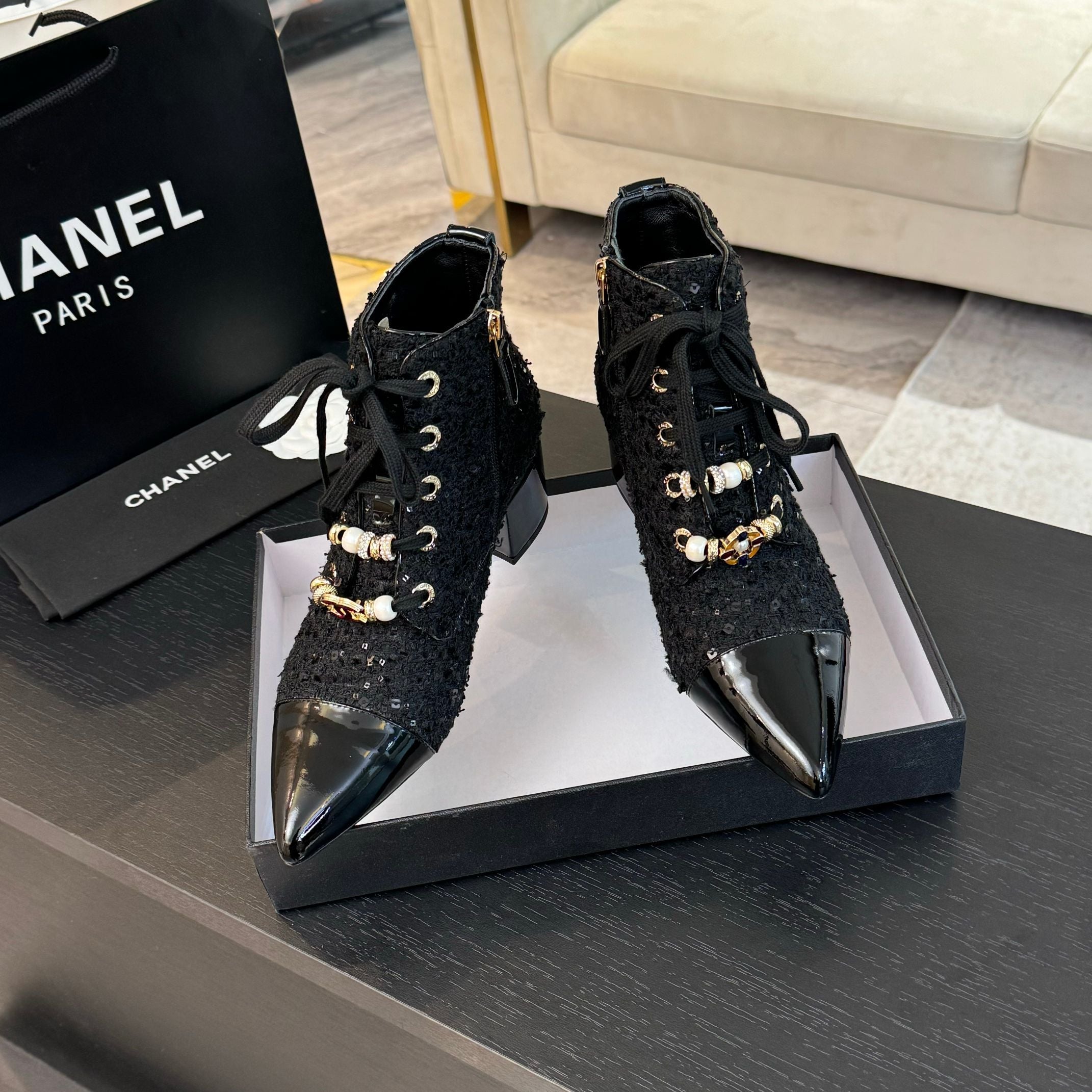 CC Ankle Boots Black Beaded Tweed Fabric And Lambskin