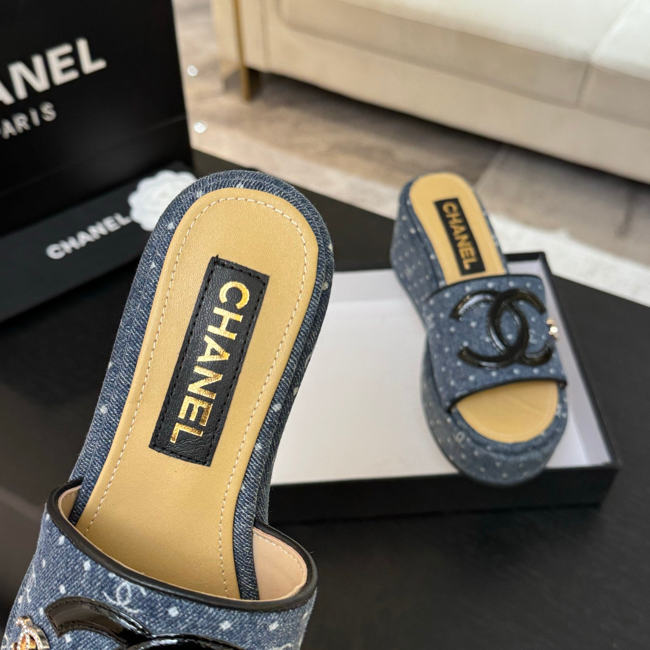 CC 25C Platform Slide Sandals Navy Blue Fabric 213158