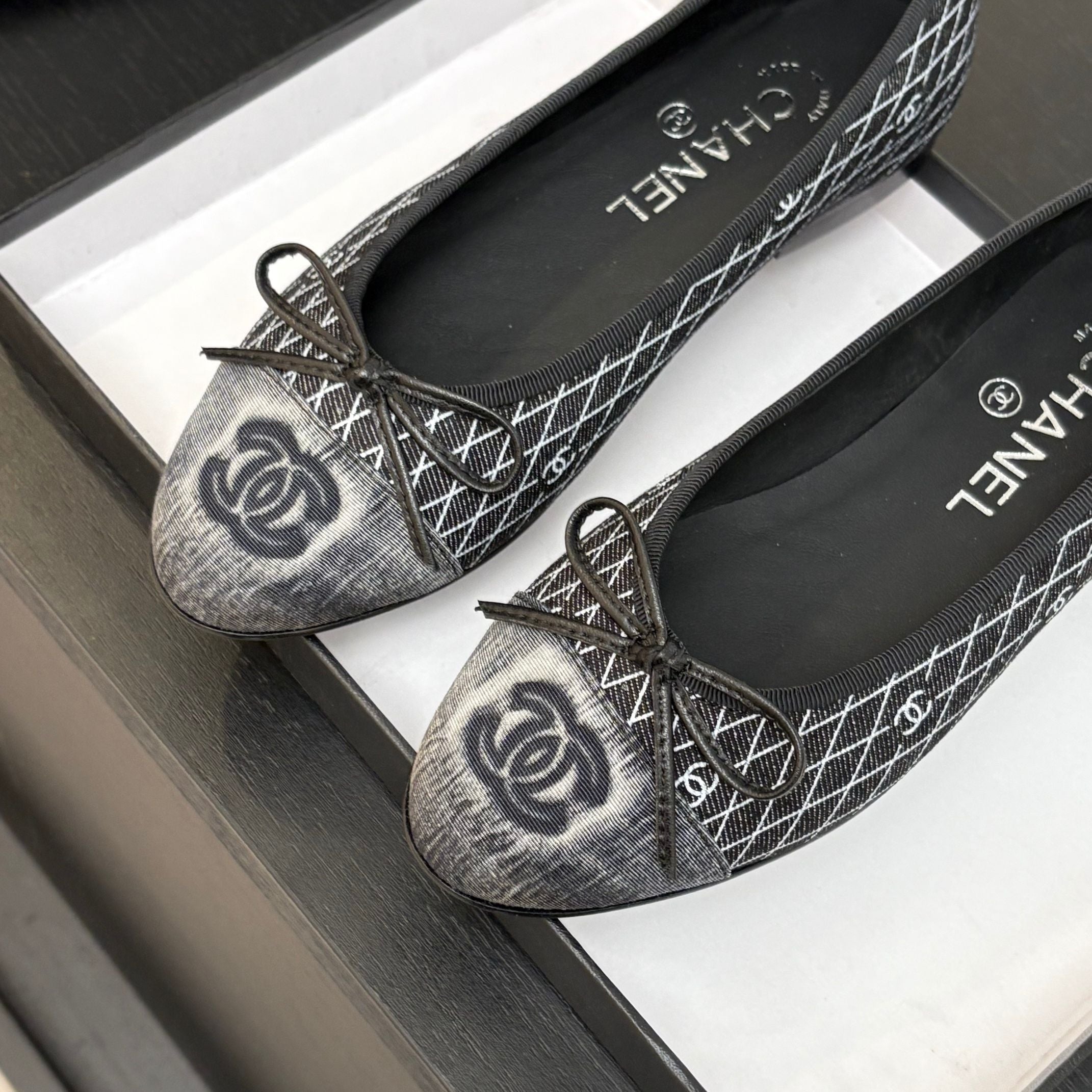 CC 25 Ballet Flat Black Grey Quilted Denim
