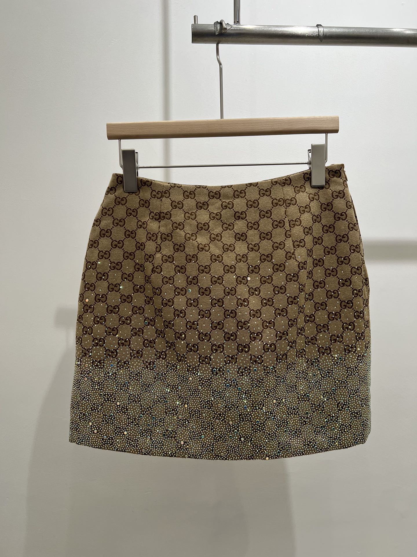 GG Beige Monogram Crystal Embellished Mini Skirt