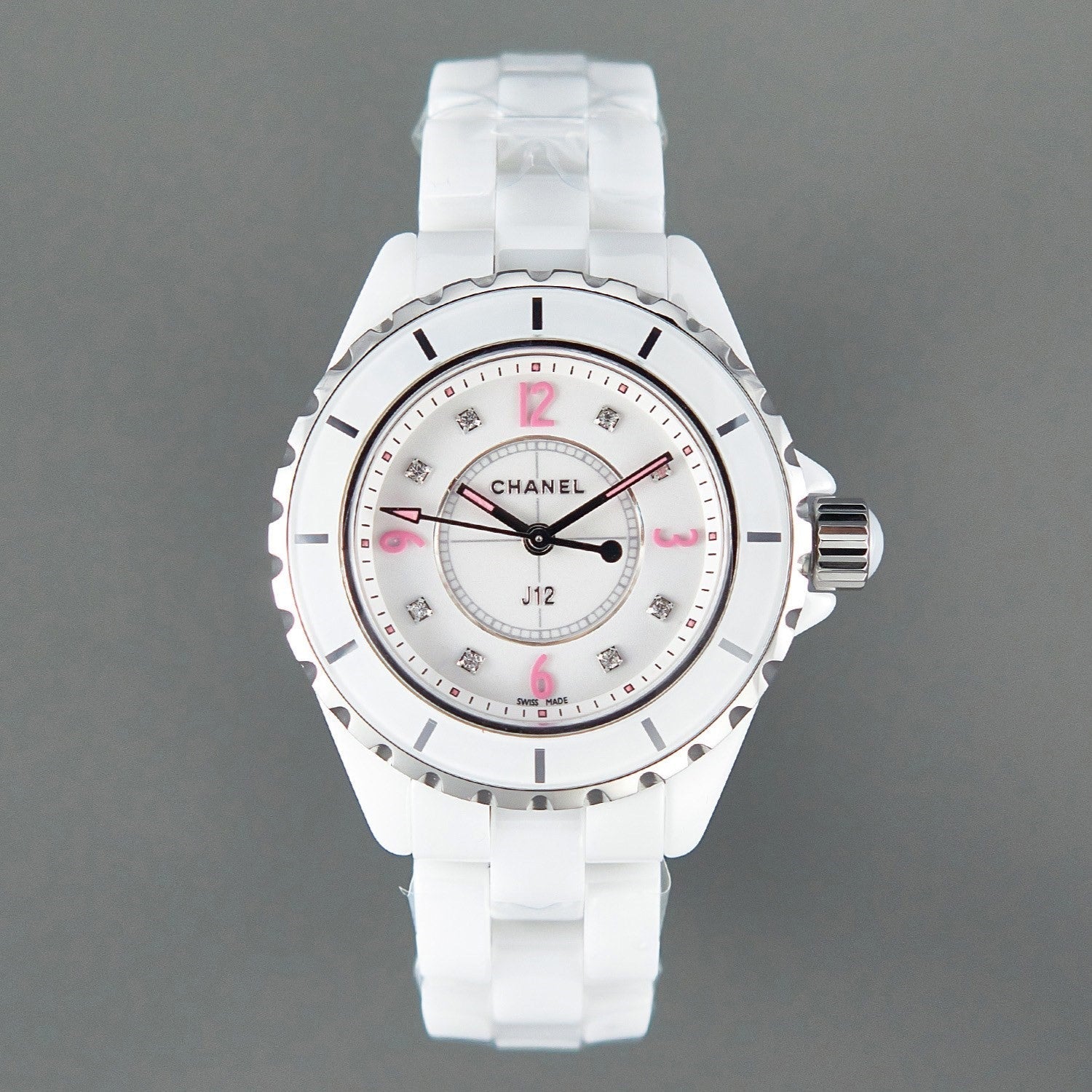 J12 Quartz White Ceramic Pink Diamond Numerals White Dial