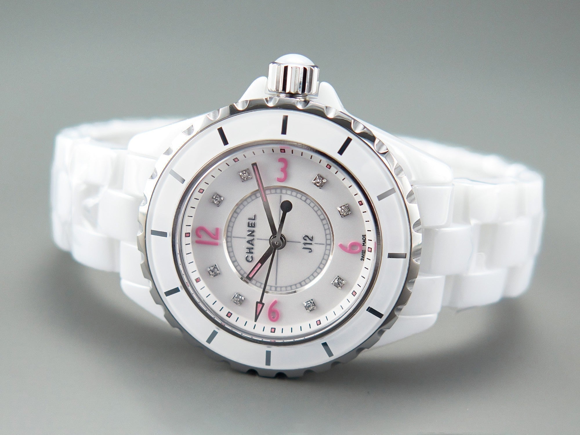 J12 Quartz White Ceramic Pink Diamond Numerals White Dial