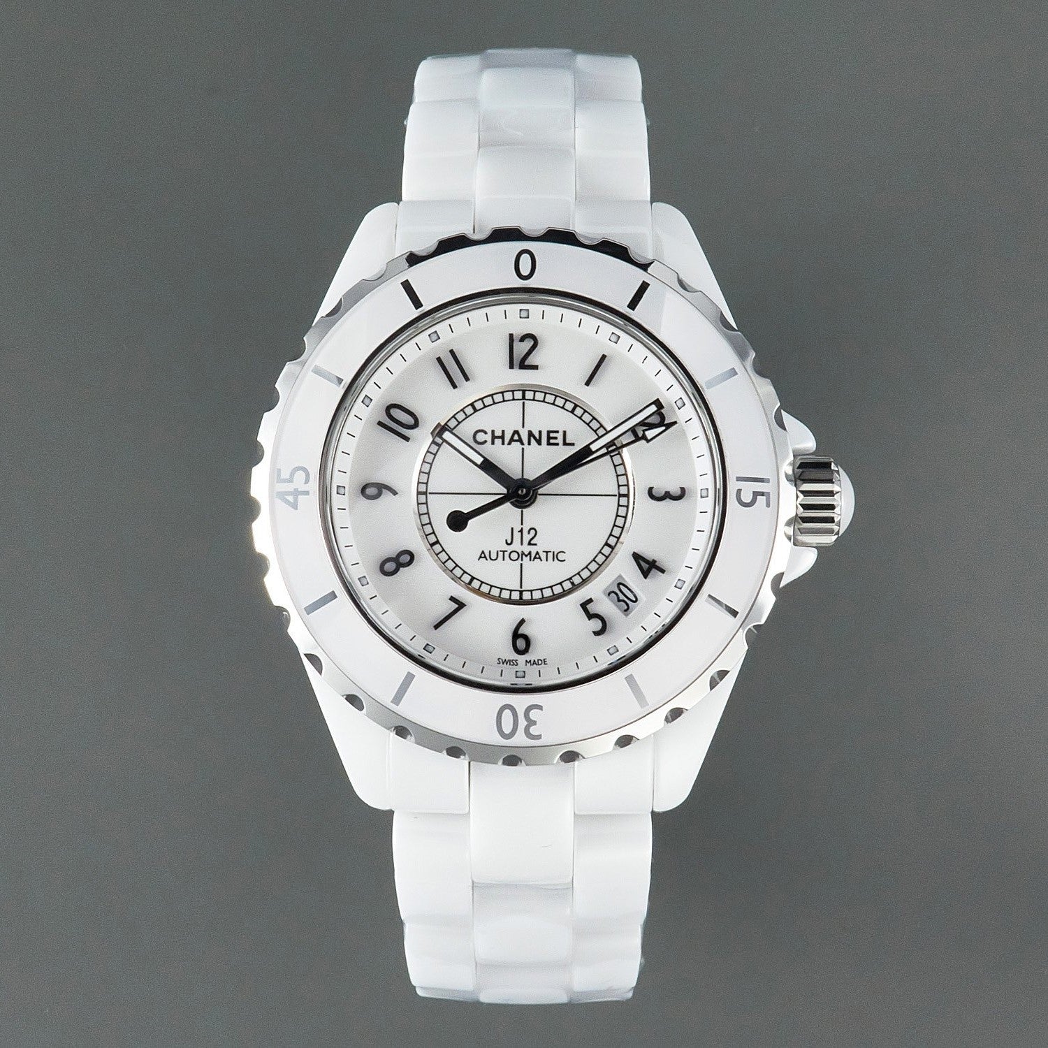 J12 Date Automatic White Ceramic Black Numerals White Dial