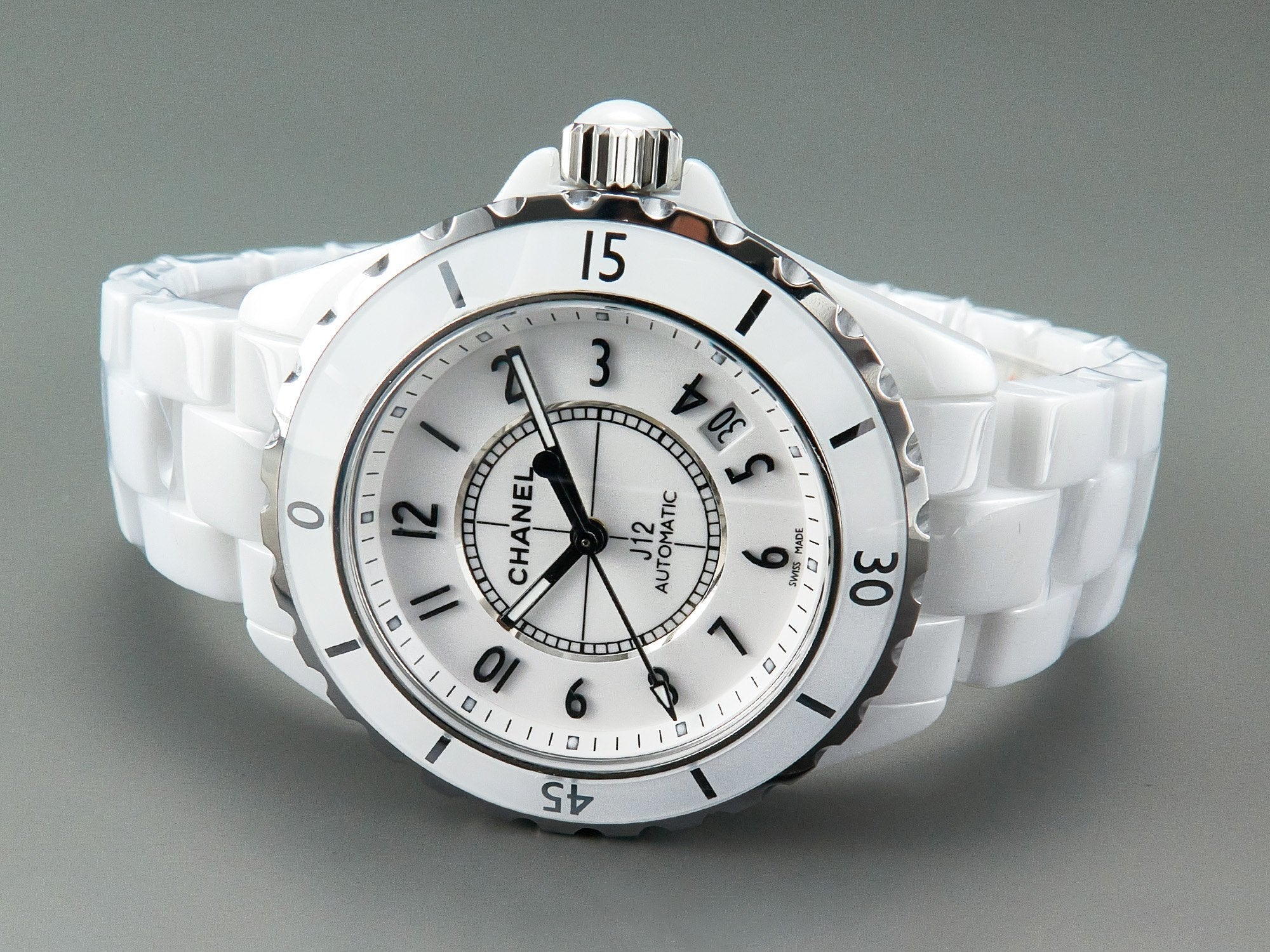 J12 Date Automatic White Ceramic Black Numerals White Dial