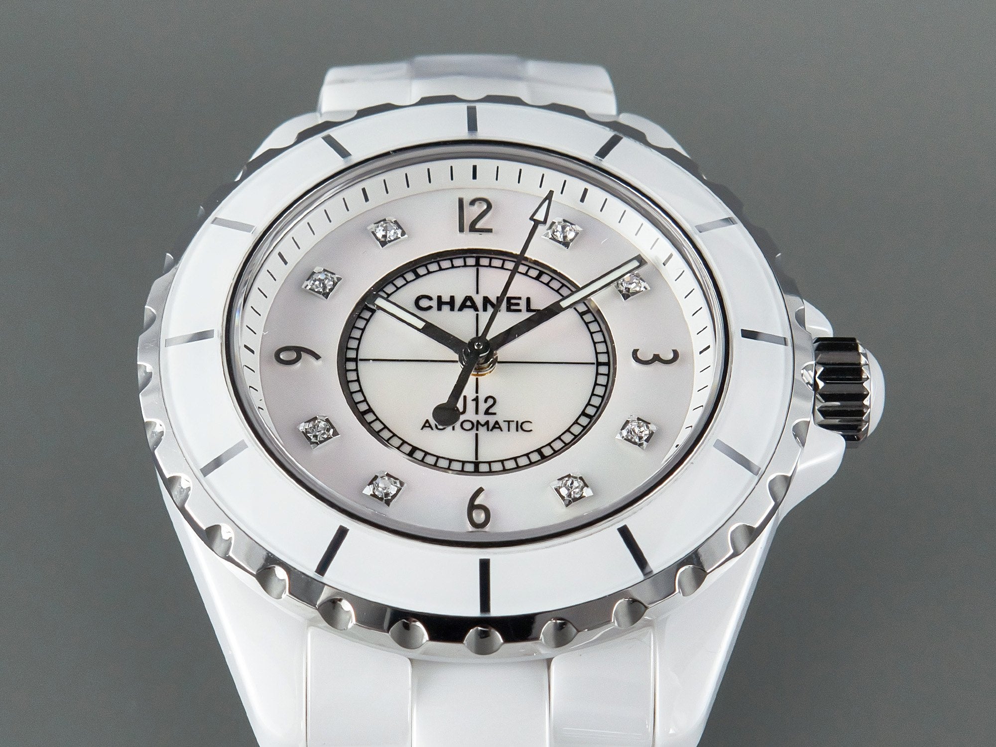 J12 Automatic White Ceramic Black Diamond Numerals Mop Dial