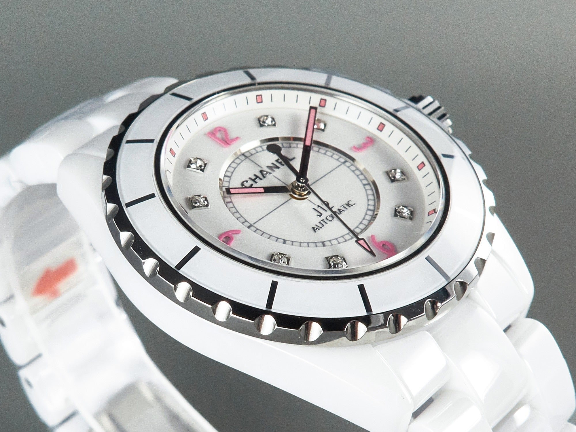 J12 Automatic White Ceramic Pink Diamond Numerals White Dial