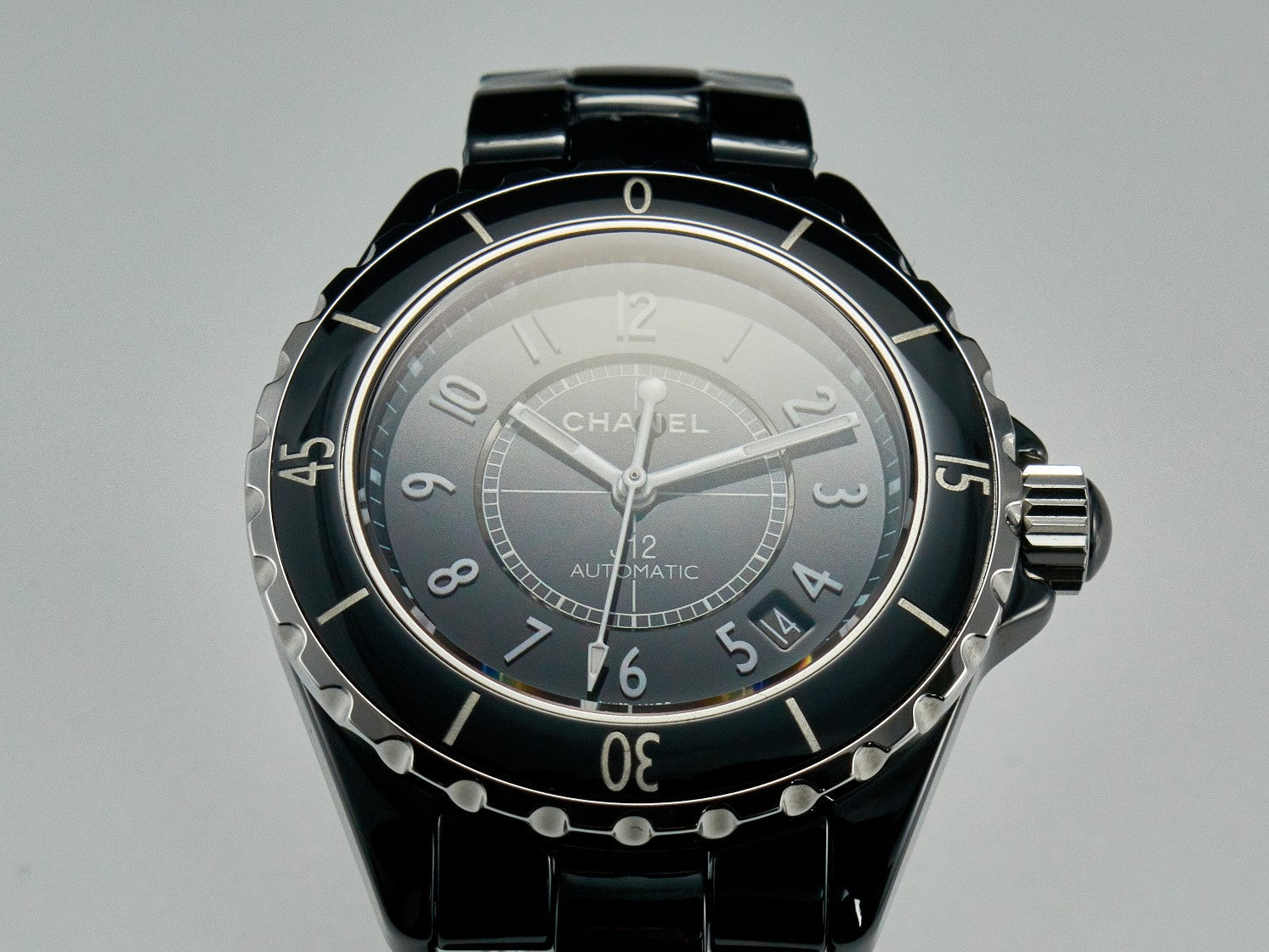 J12 Date Automatic Black Ceramic White Numerals Black Dial White Steel Hands