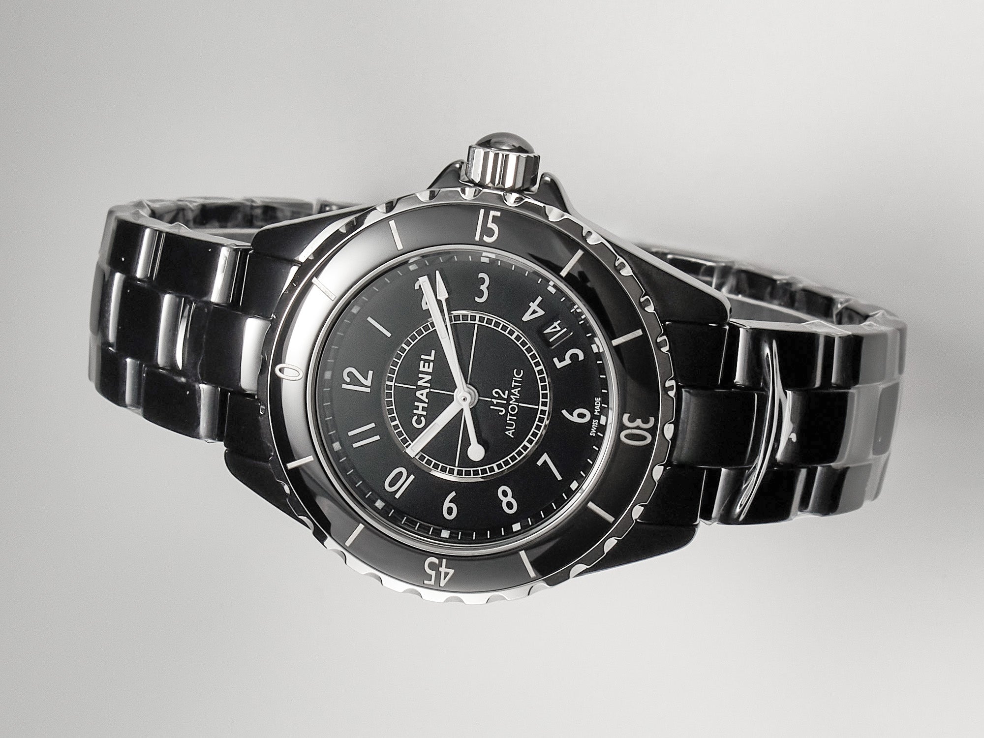 J12 Date Automatic Black Ceramic White Numerals Black Dial White Steel Hands