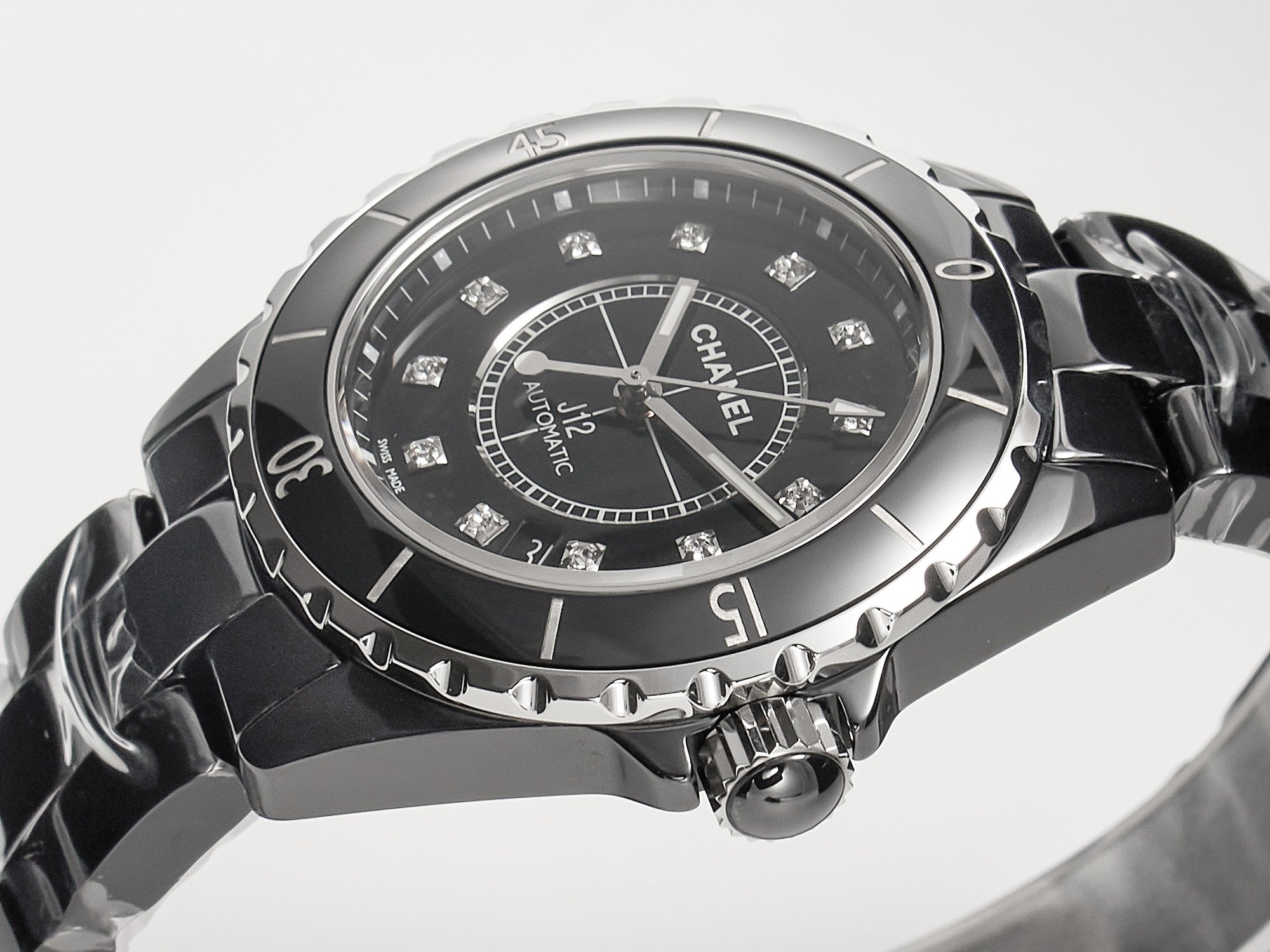 J12 Date Automatic Black Ceramic Diamond Numerals Black Dial White Steel Hands