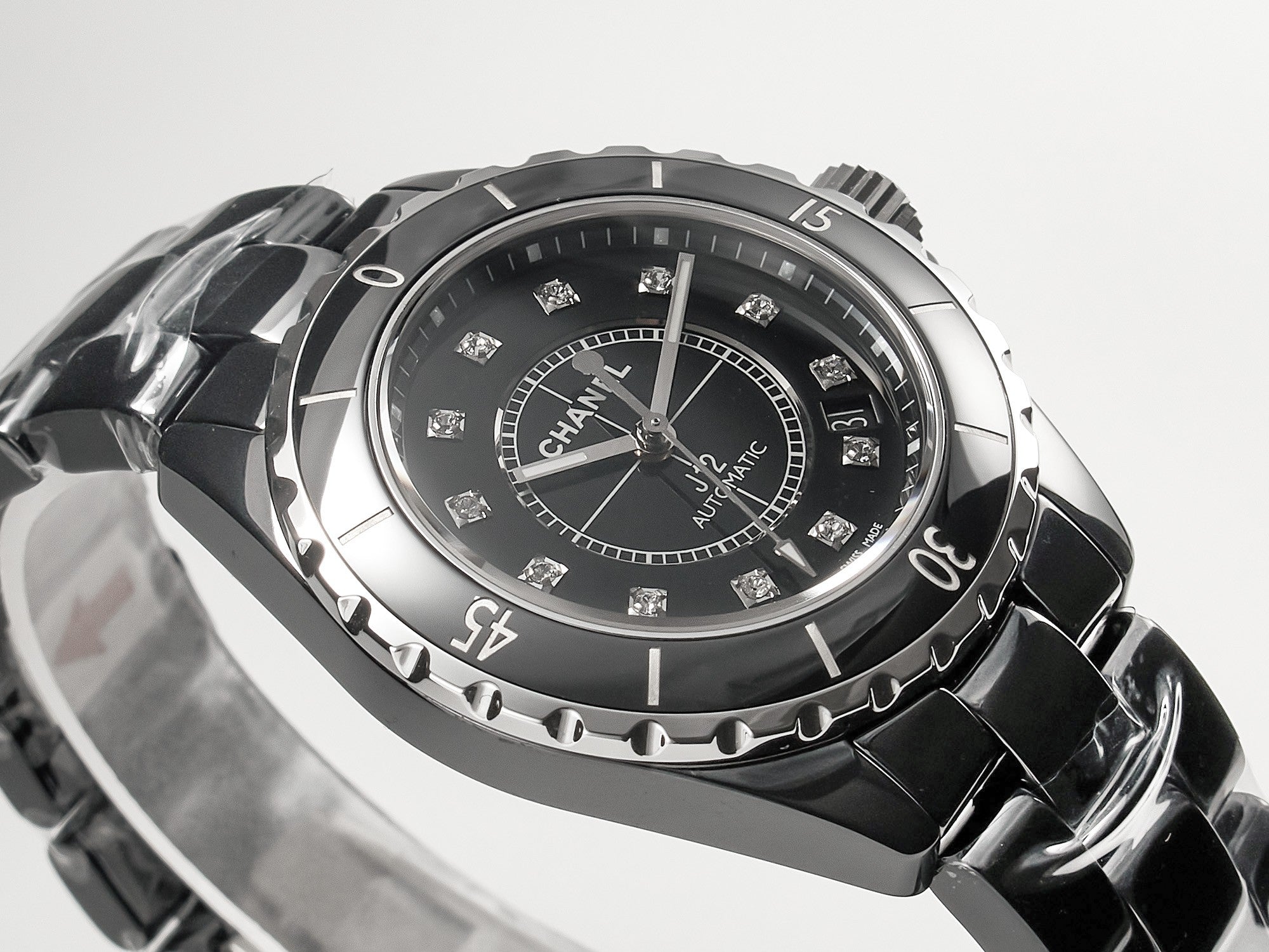 J12 Date Automatic Black Ceramic Diamond Numerals Black Dial White Steel Hands