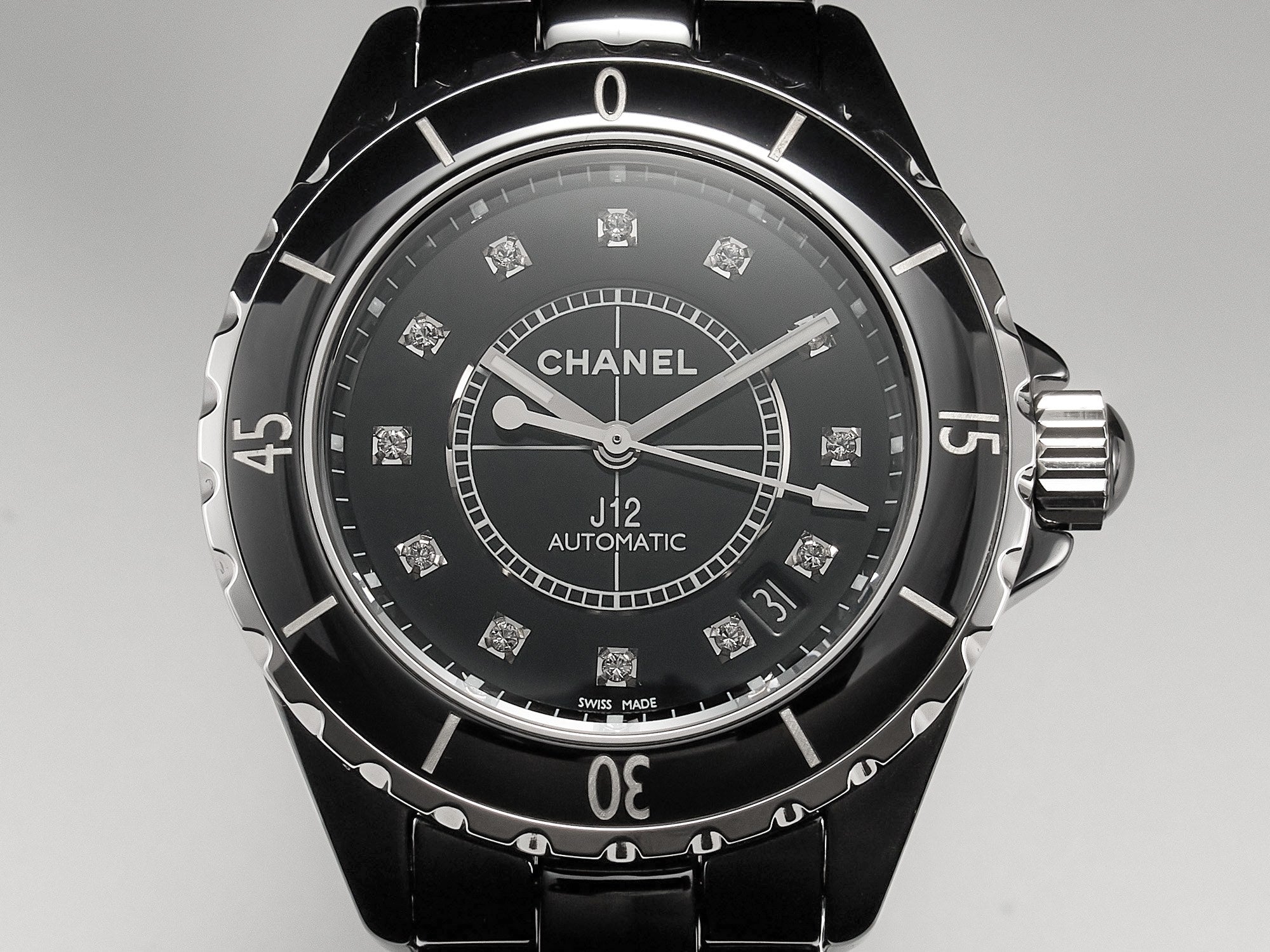 J12 Date Automatic Black Ceramic Diamond Numerals Black Dial White Steel Hands