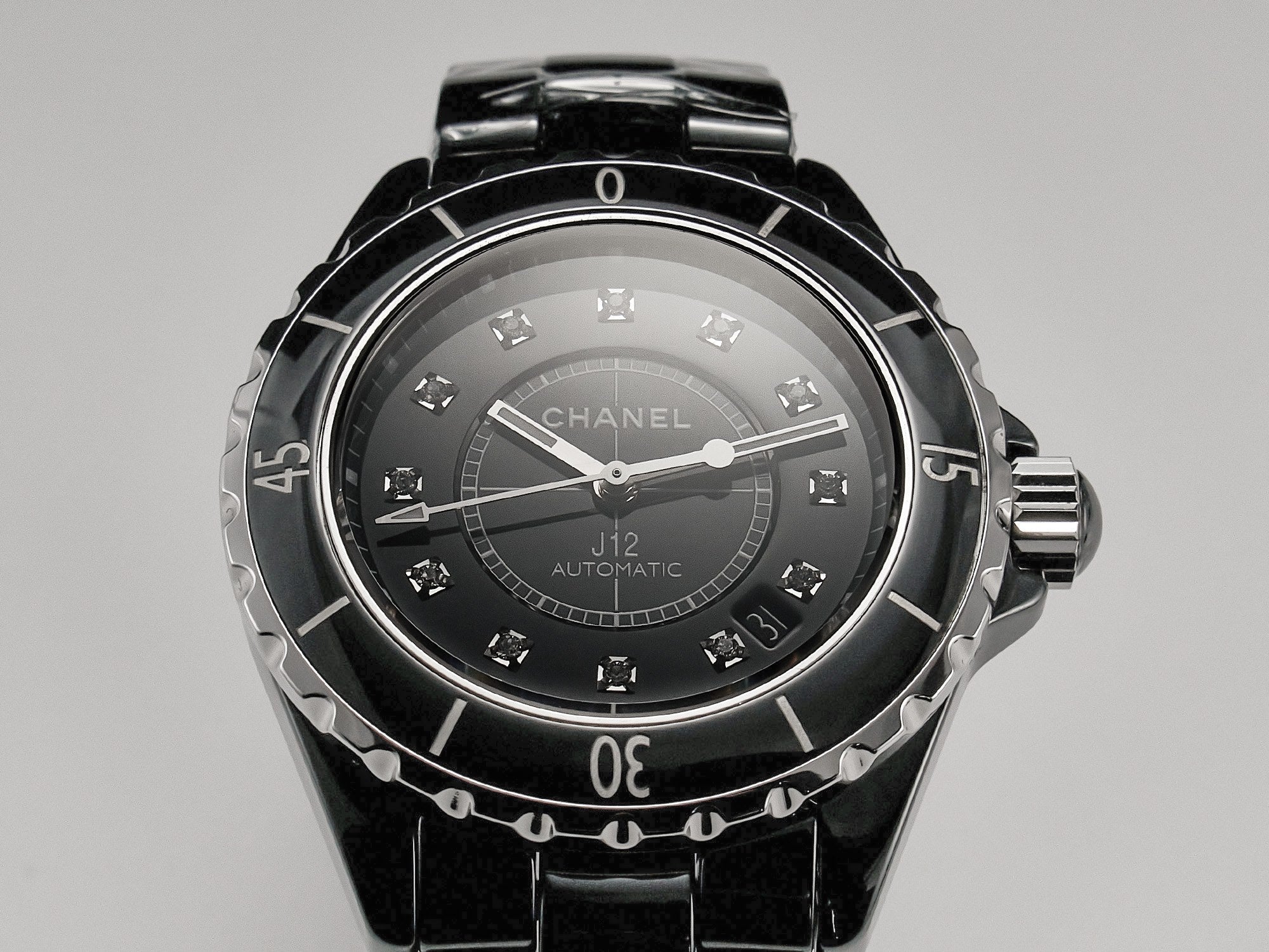 J12 Date Automatic Black Ceramic Diamond Numerals Black Dial White Steel Hands