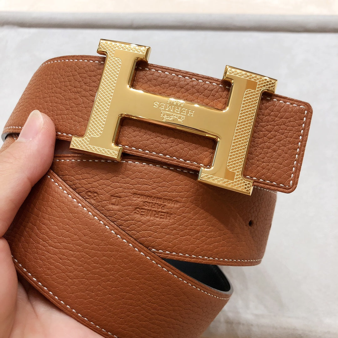HM H D'ANCRE BELT BUCKLE & REVERSIBLE BRONZE BROWN LEATHER STRAP 38 MM GOLD HARDWARE