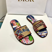 CD 26s Embroidered Sandals Beige Multicolor Canvas Leather 683009