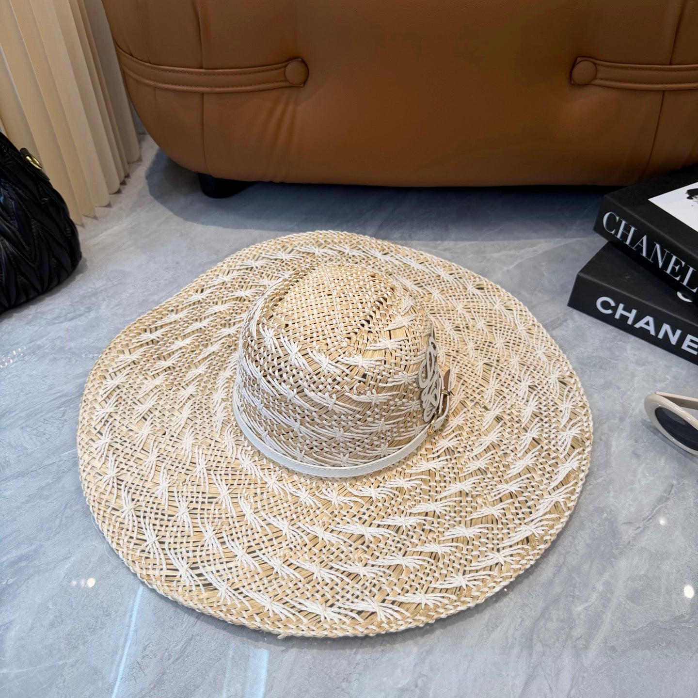 Loewe Straw Hat with Logo Raffia Woven 323669