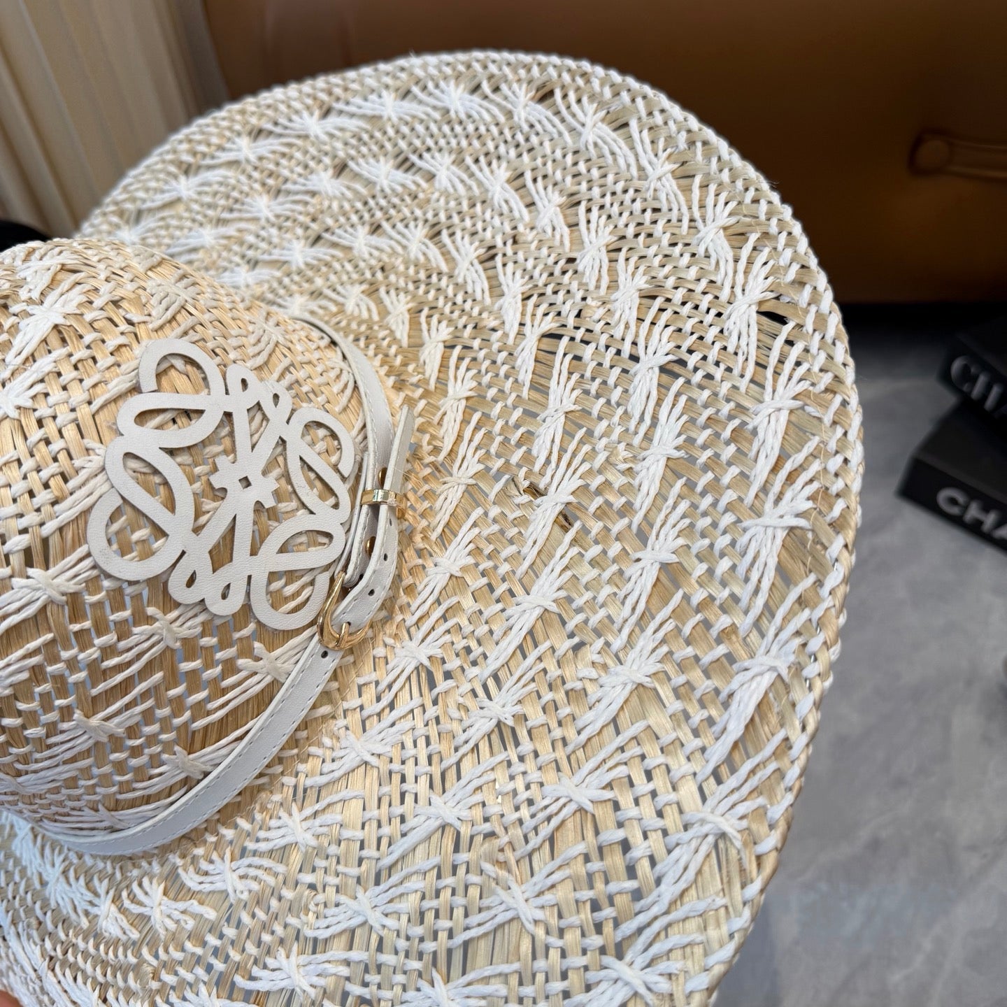Loewe Straw Hat with Logo Raffia Woven 323669