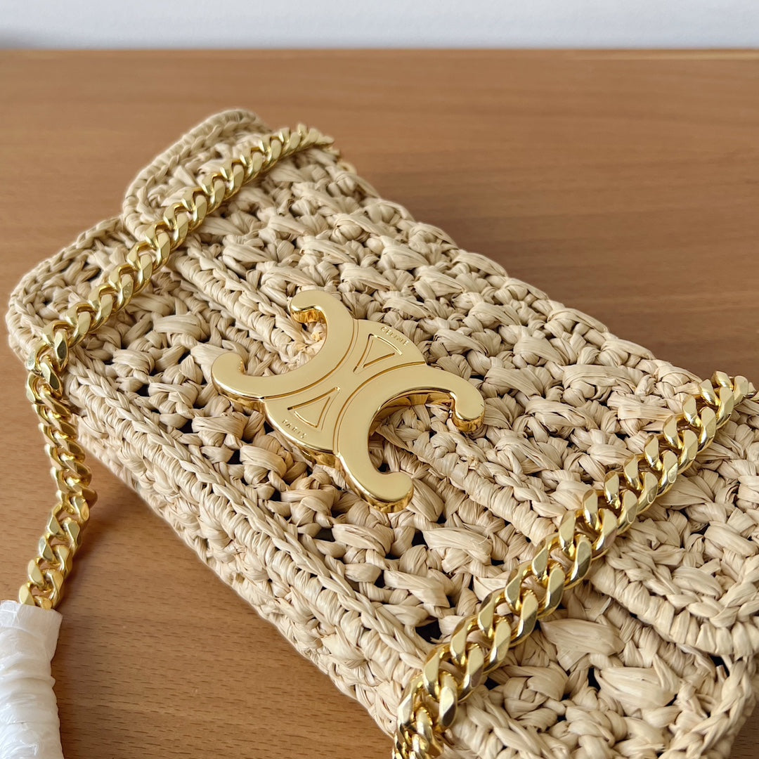 CHAIN SHOULDER BAG 20CM RAFFIA EFFECT TEXTILE NATURAL