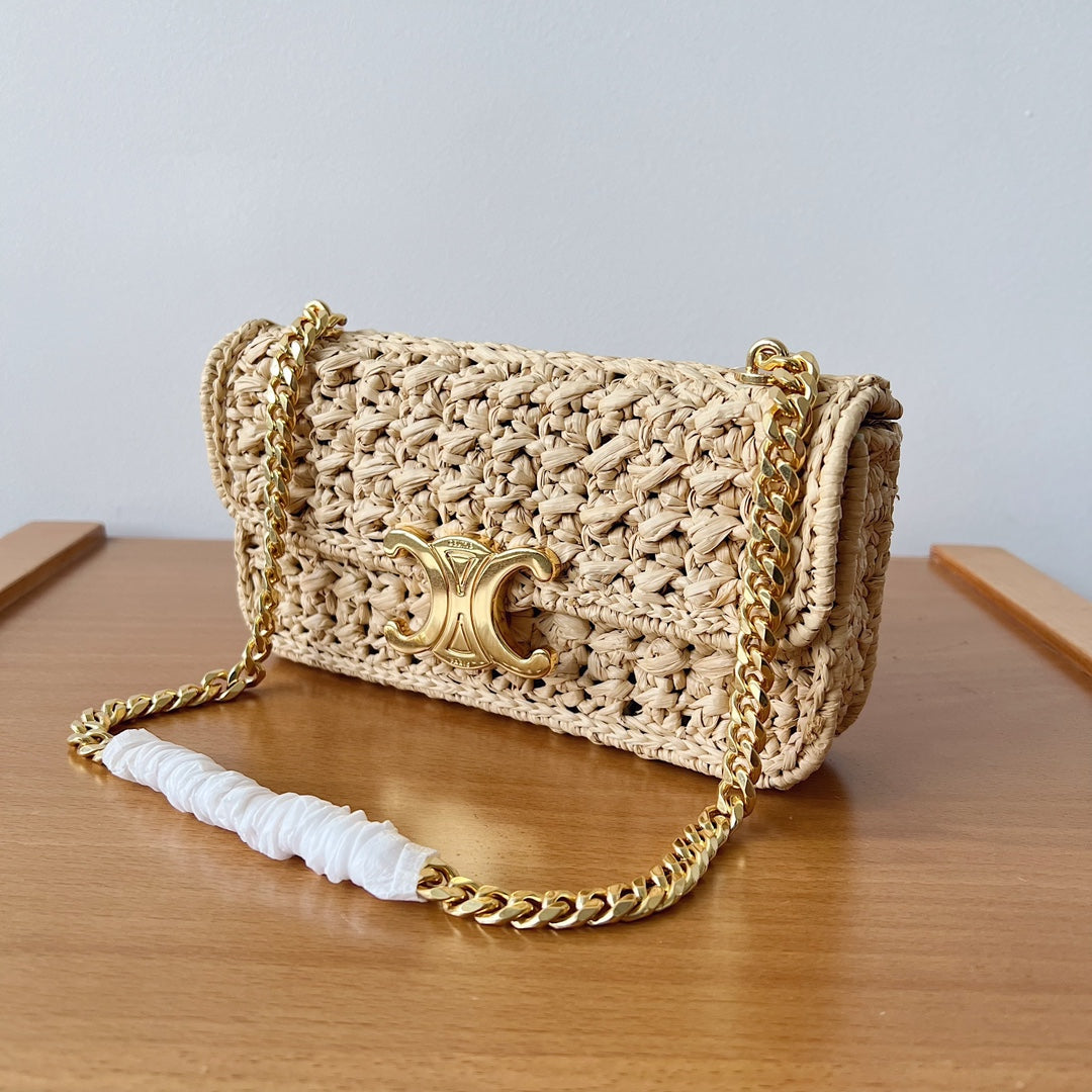 CHAIN SHOULDER BAG 20CM RAFFIA EFFECT TEXTILE NATURAL