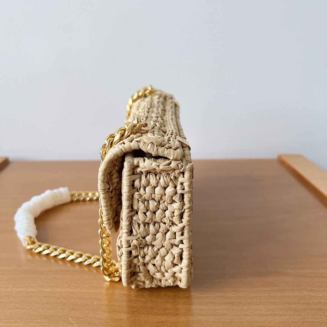 CHAIN SHOULDER BAG 20CM RAFFIA EFFECT TEXTILE NATURAL