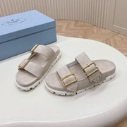 Double Buckle Strap Slides 20 Light Grey Suede