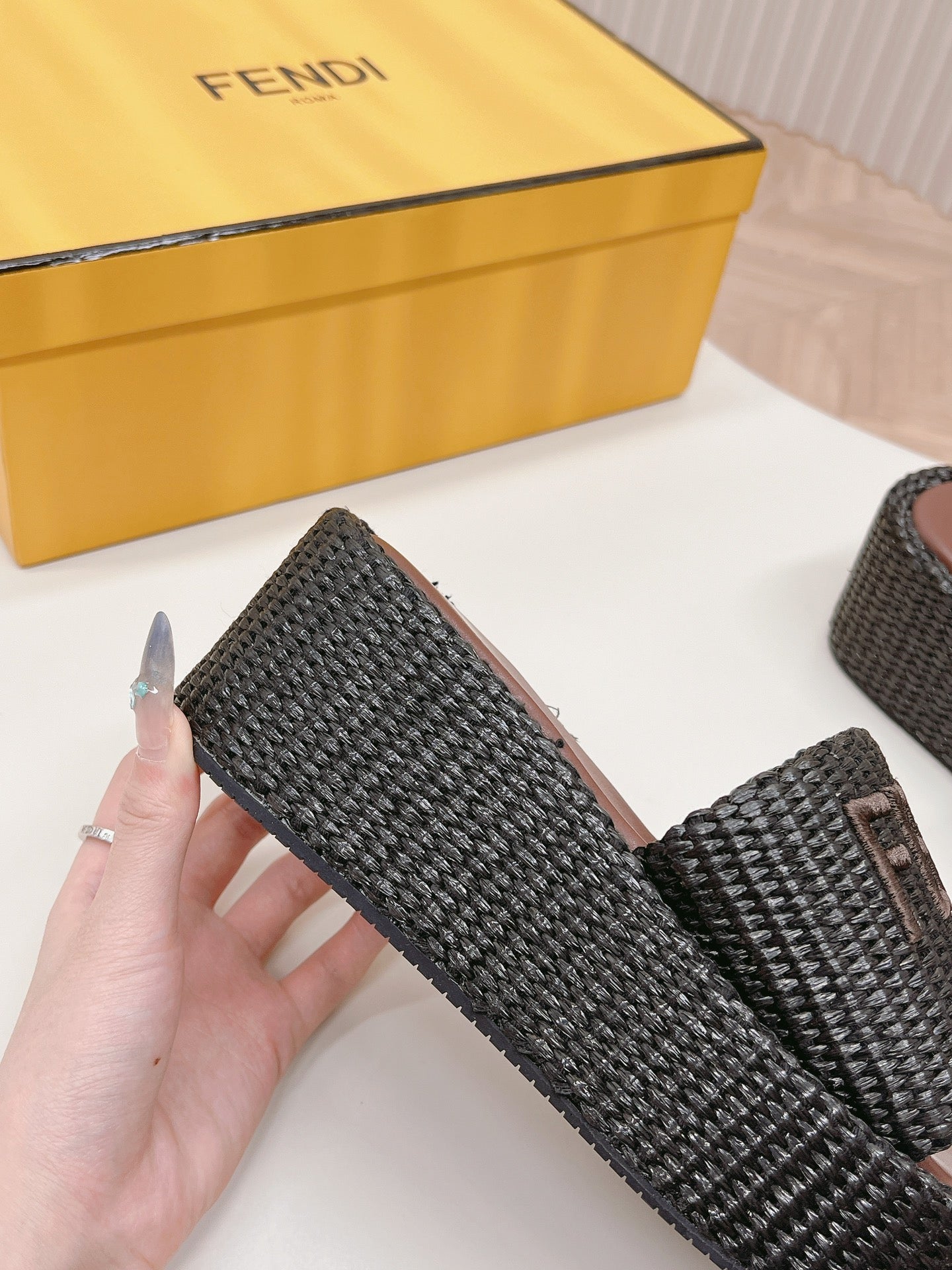 FENDI SIGNATURE WEDGE PLATFORM 6 CM IN BLACK FIBRE WITH BROWN EMBROIDERED LOGO