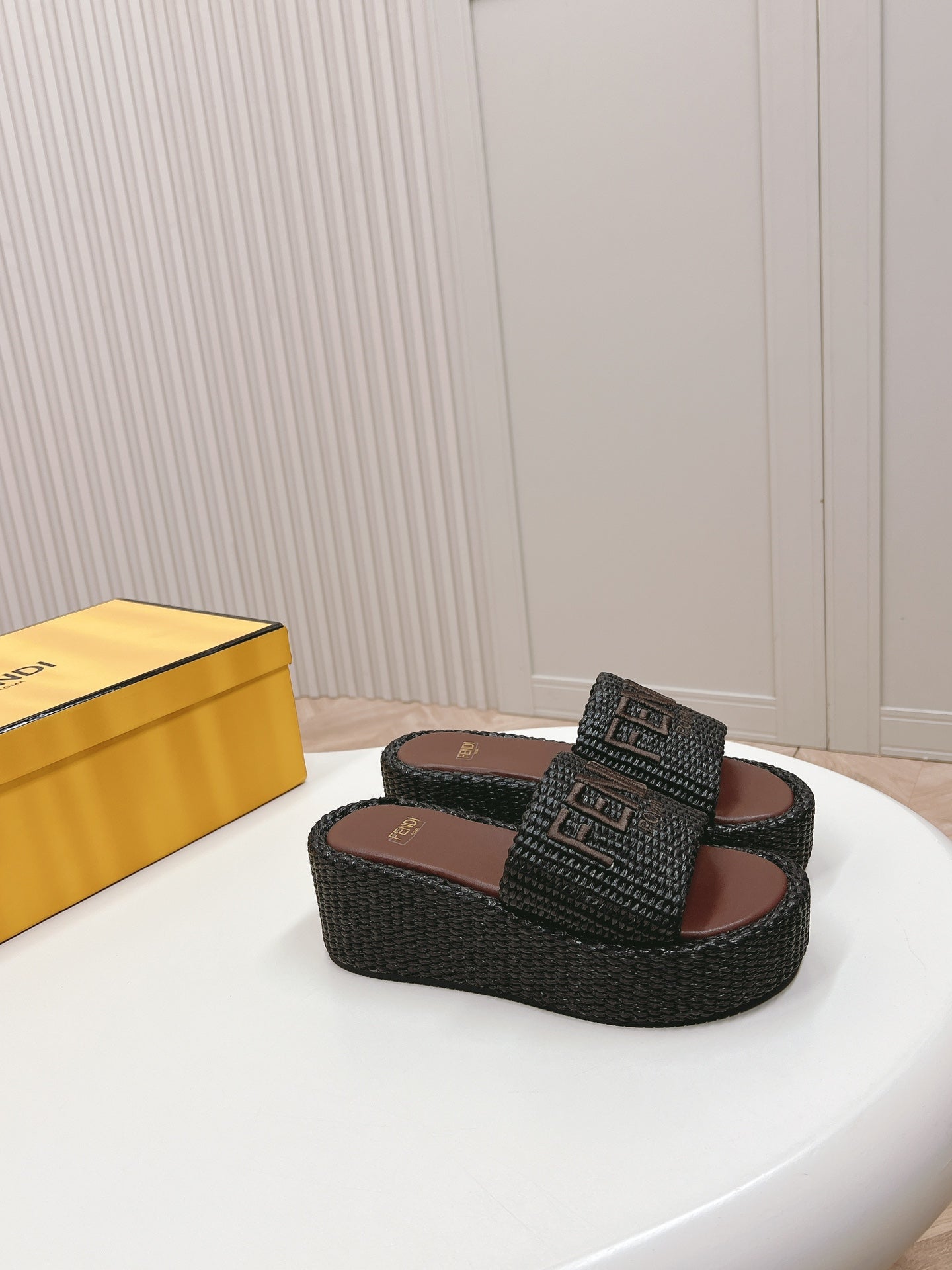 FENDI SIGNATURE WEDGE PLATFORM 6 CM IN BLACK FIBRE WITH BROWN EMBROIDERED LOGO