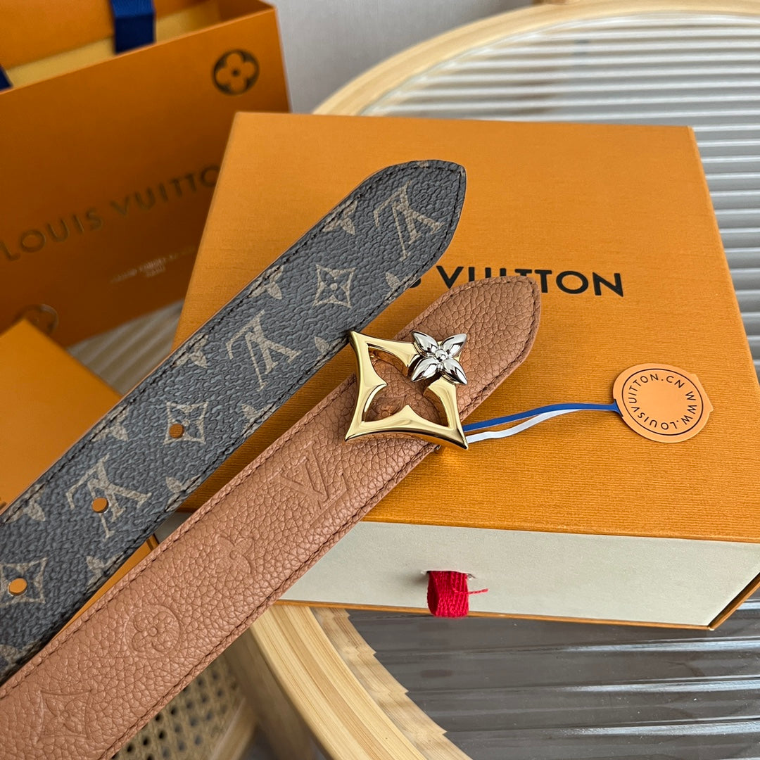 LV Flowergram 30mm Reversible Belt Brown Empreinte Calfskin