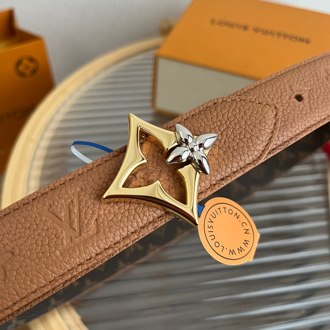 LV Flowergram 30mm Reversible Belt Brown Empreinte Calfskin