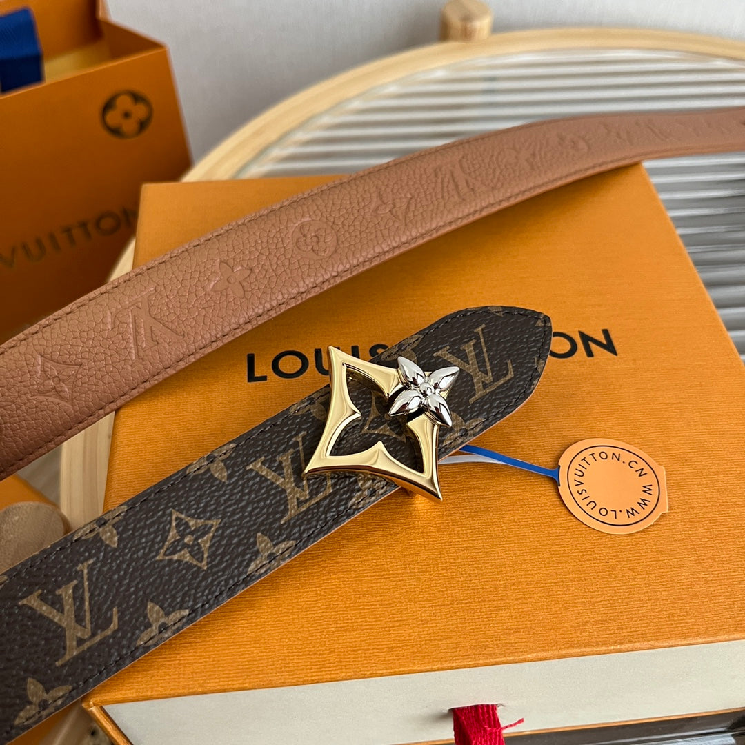 LV Flowergram 30mm Reversible Belt Brown Empreinte Calfskin