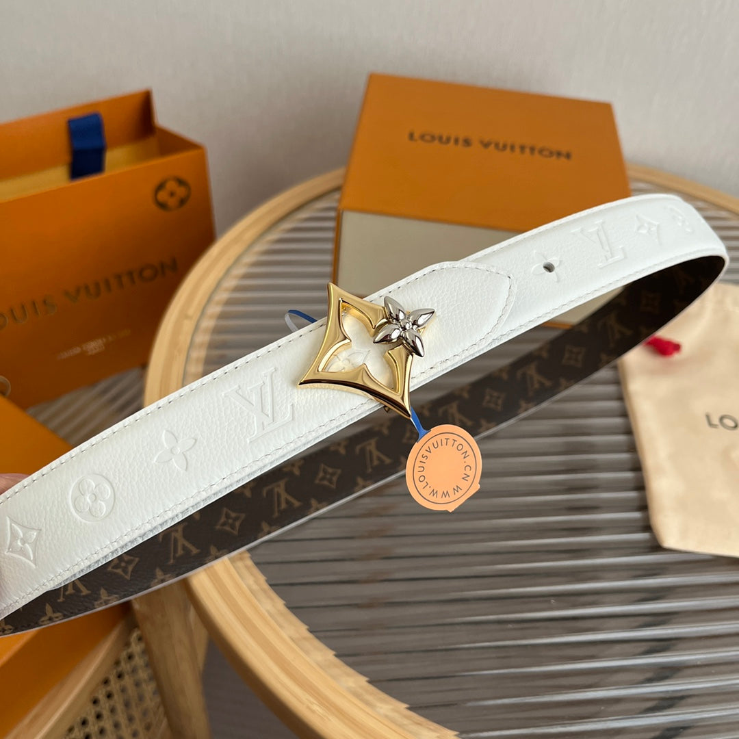 LV Flowergram 30mm Reversible Belt White Brown Empreinte Calfskin
