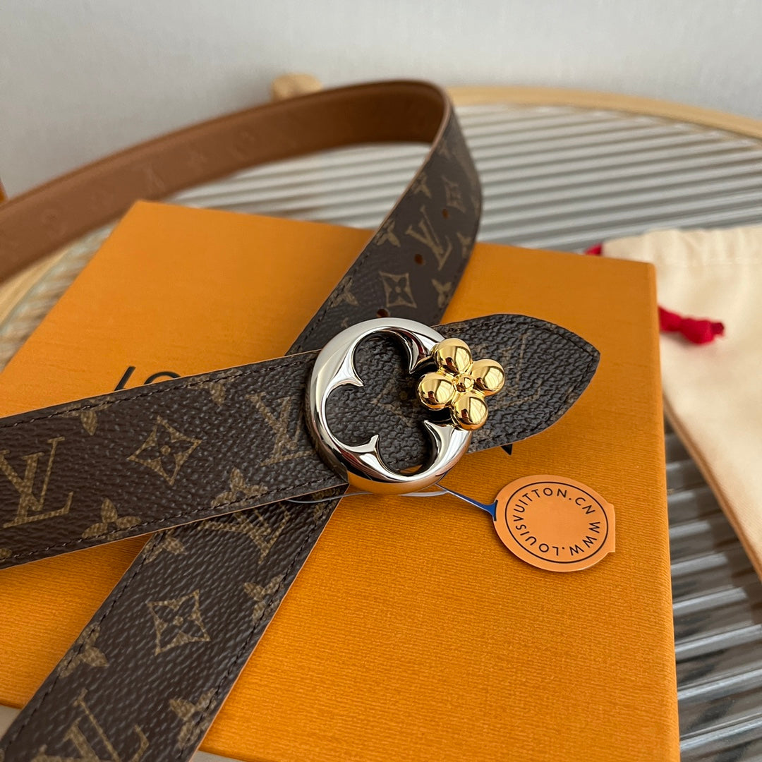 LV Flowergram Round 30mm Reversible Belt Brown Empreinte Calfskin