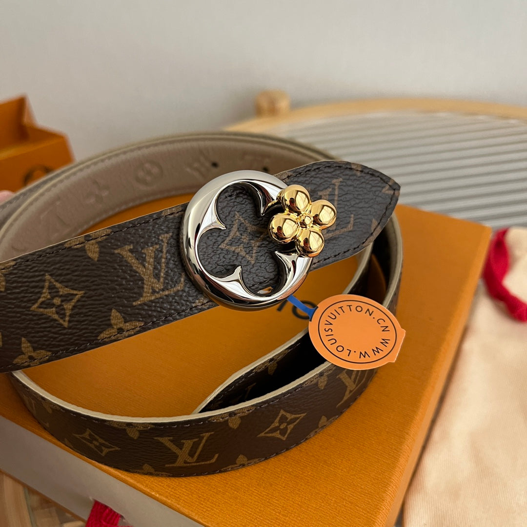 LV Flowergram Round 30mm Reversible Belt Grey Brown Empreinte Calfskin