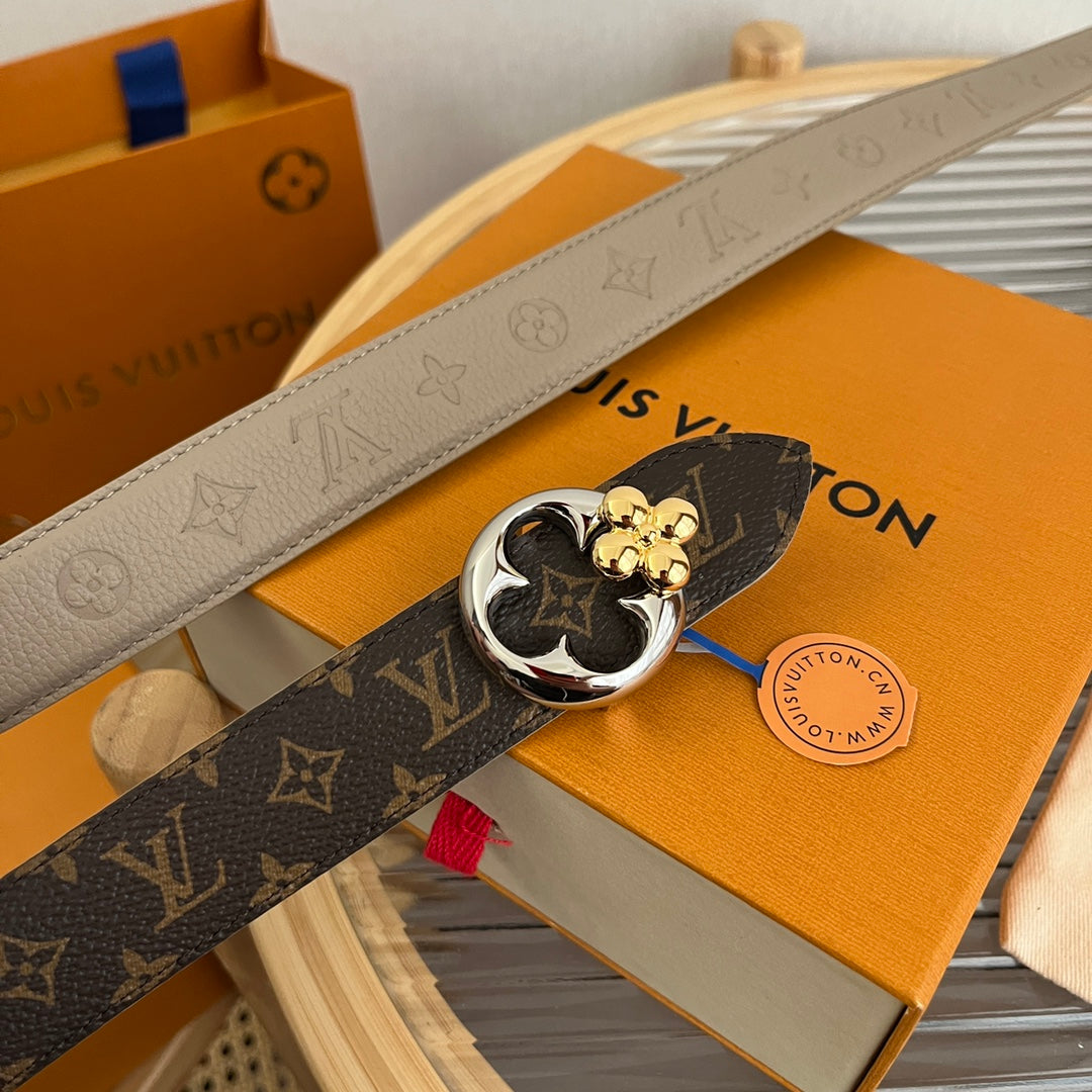 LV Flowergram Round 30mm Reversible Belt Grey Brown Empreinte Calfskin