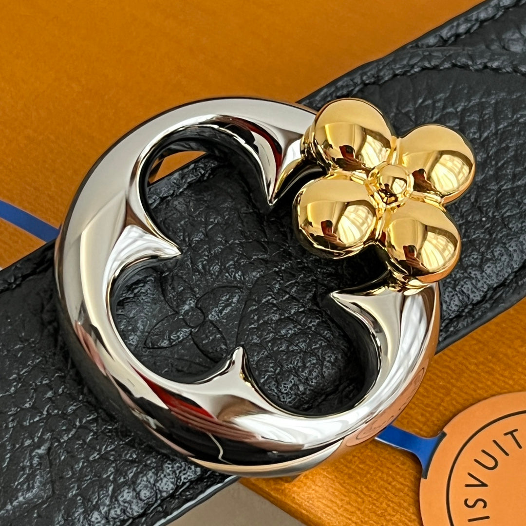 LV Flowergram Round 30mm Reversible Belt Black Brown Empreinte Calfskin