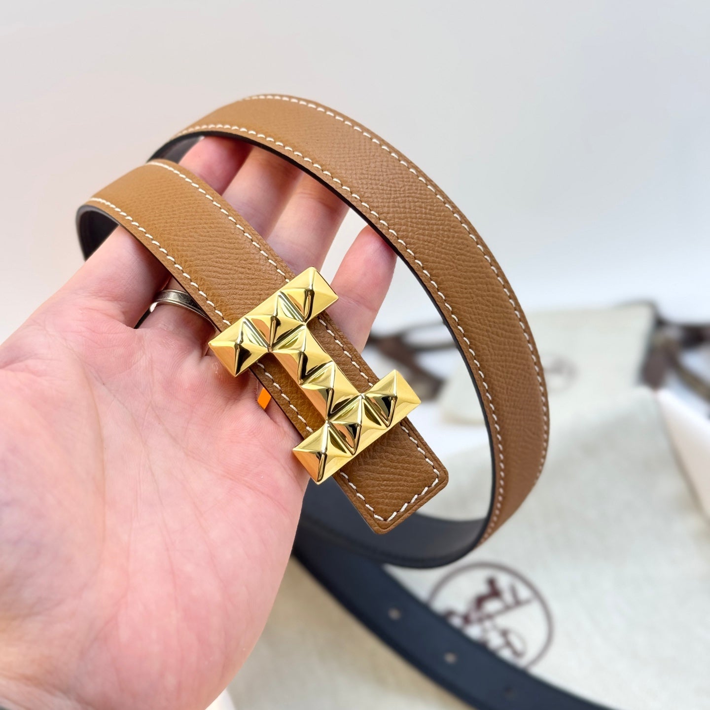 HM Infini Reversible Belt 24mm Brown Epsom Gold Buckle