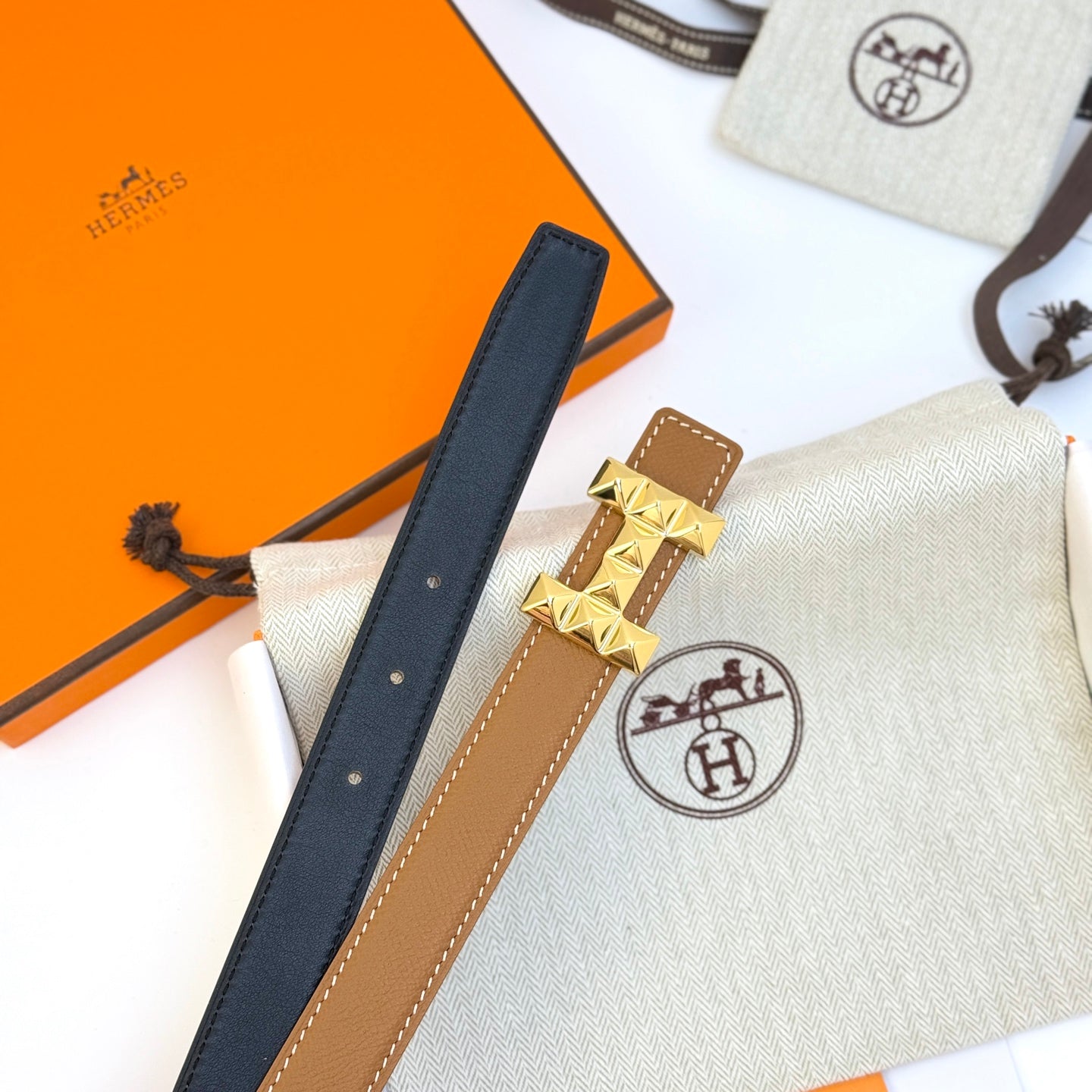 HM Infini Reversible Belt 24mm Brown Epsom Gold Buckle