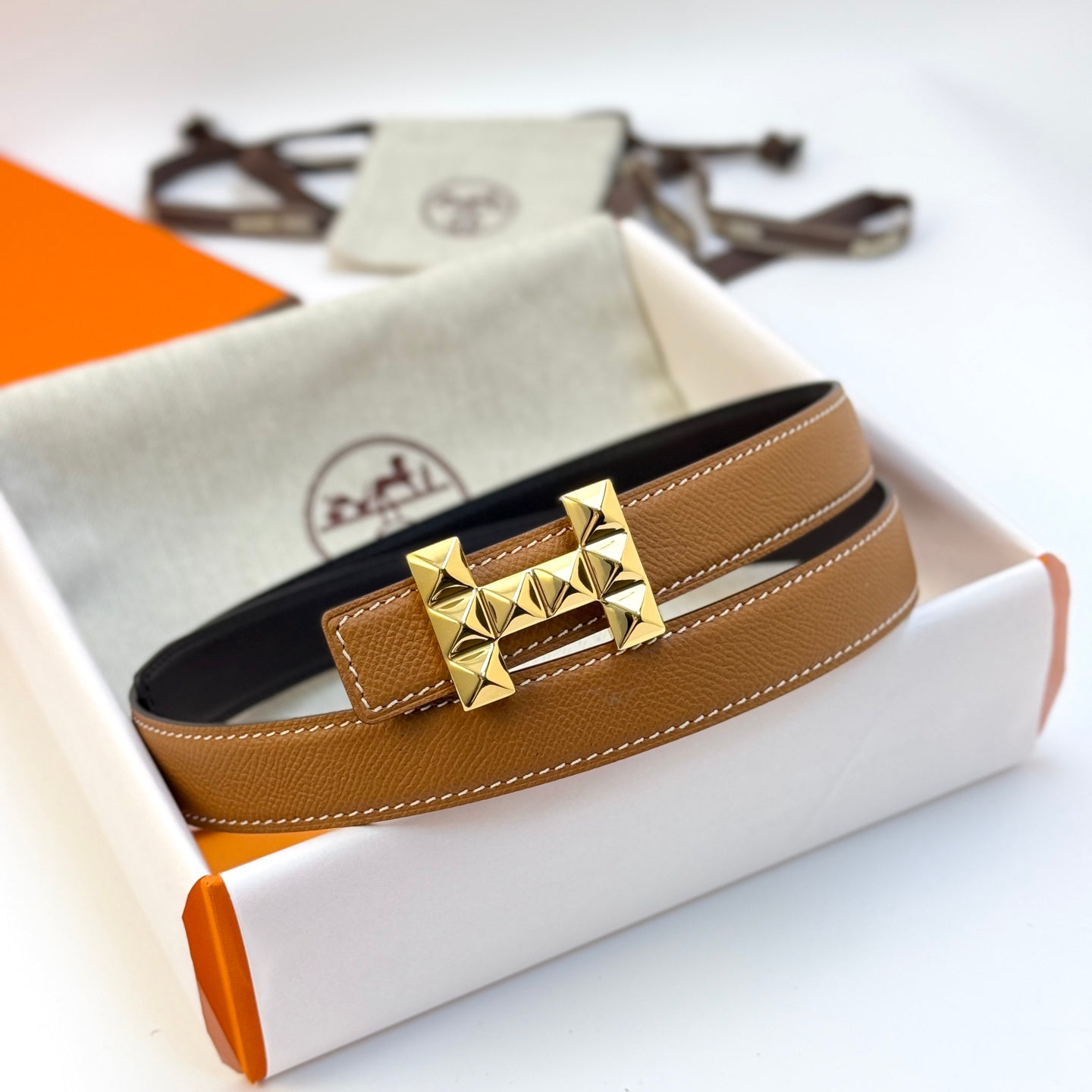 HM Infini Reversible Belt 24mm Brown Epsom Gold Buckle