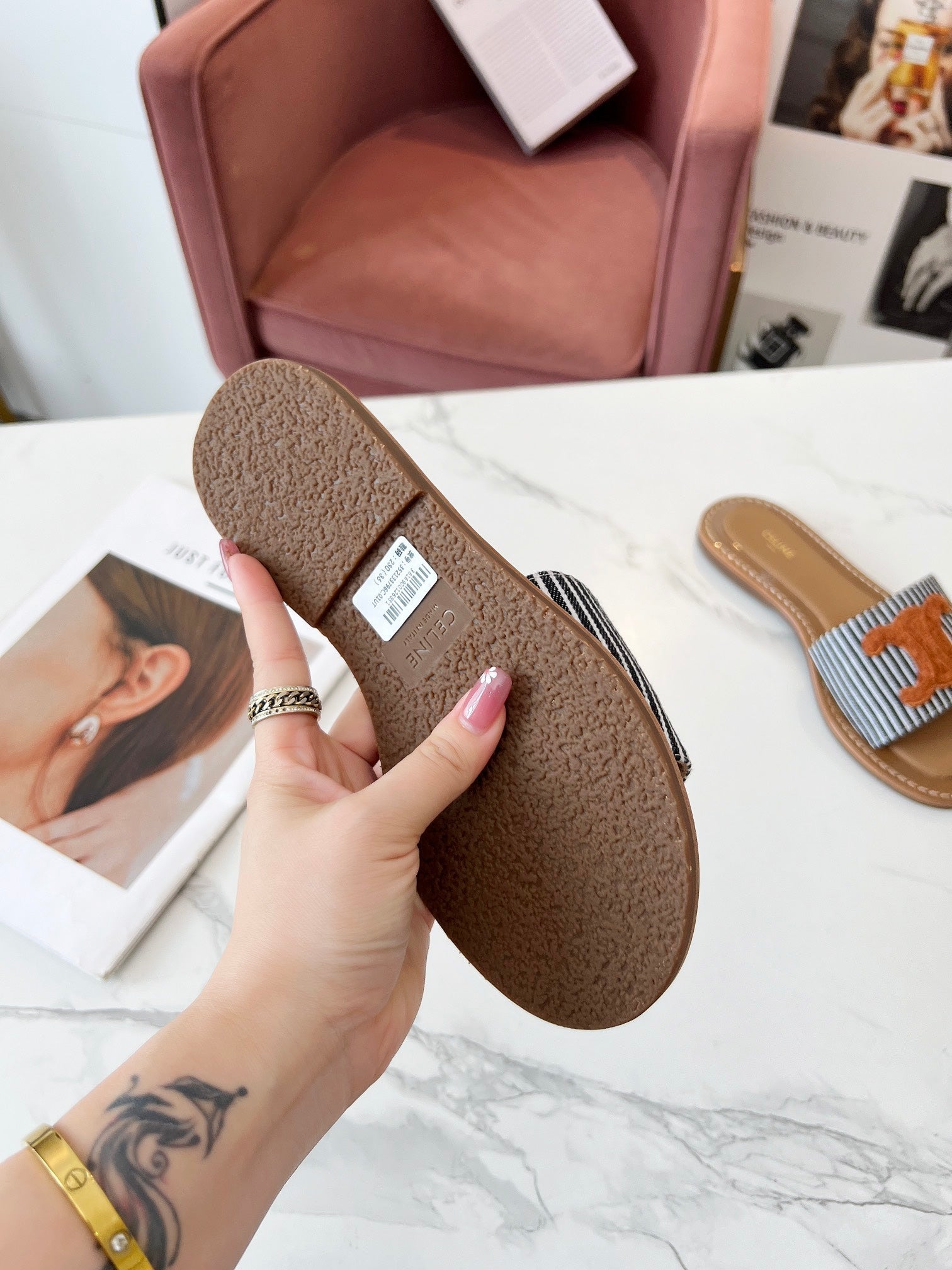 Celine 25C Slippers Black mix Orange Fabric with Calfskin 238170