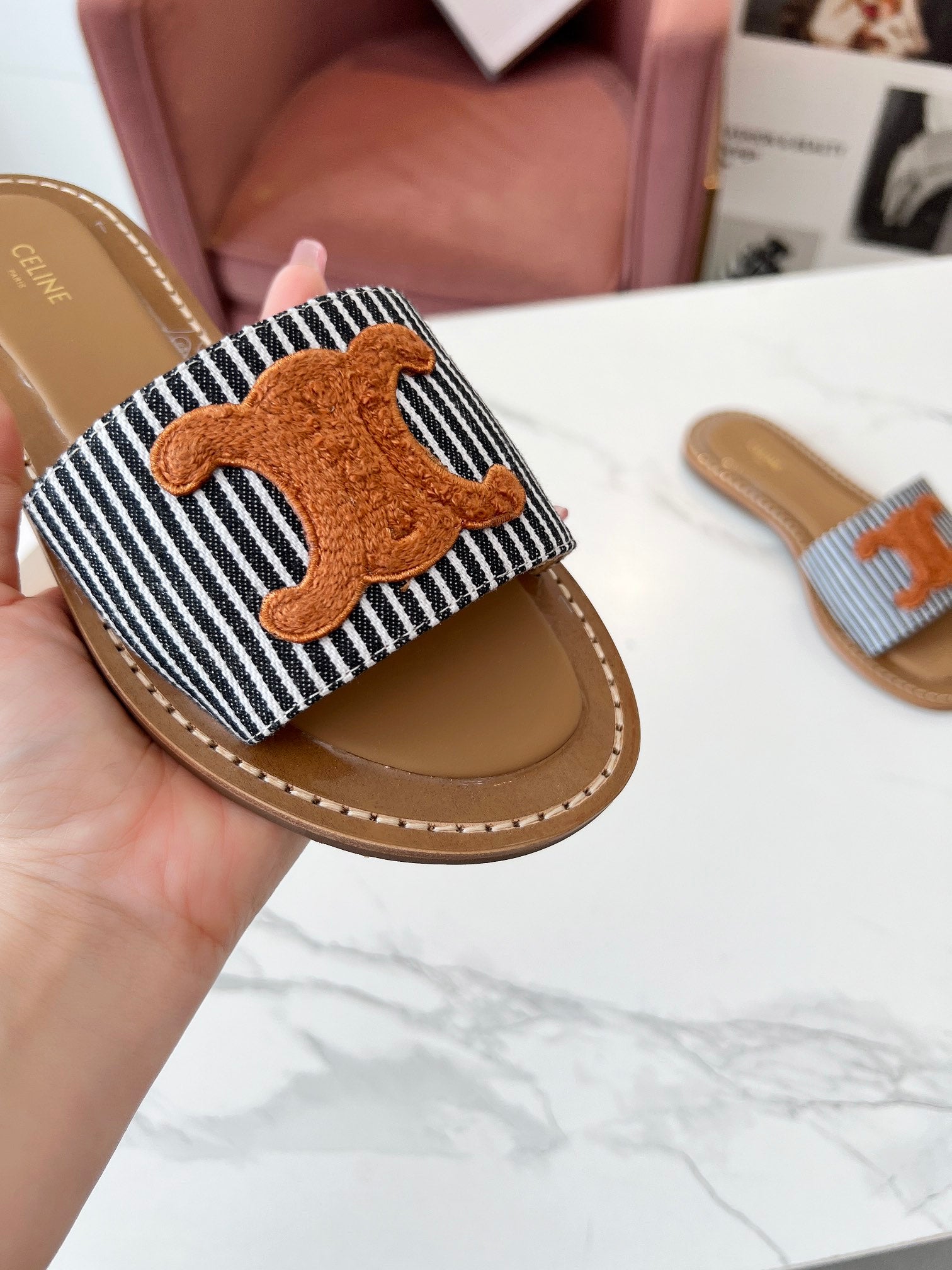 Celine 25C Slippers Black mix Orange Fabric with Calfskin 238170