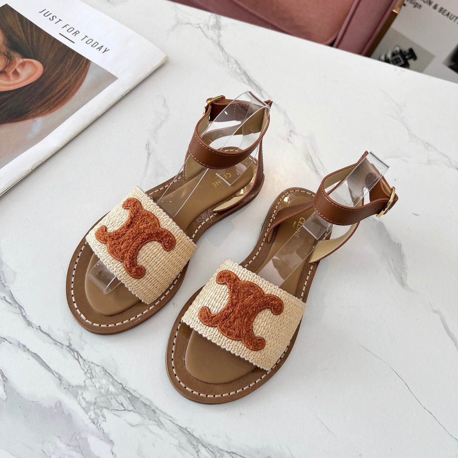 Celine 25C Lympia Sandal Beige mix Brown Fabric with Calfskin 238162